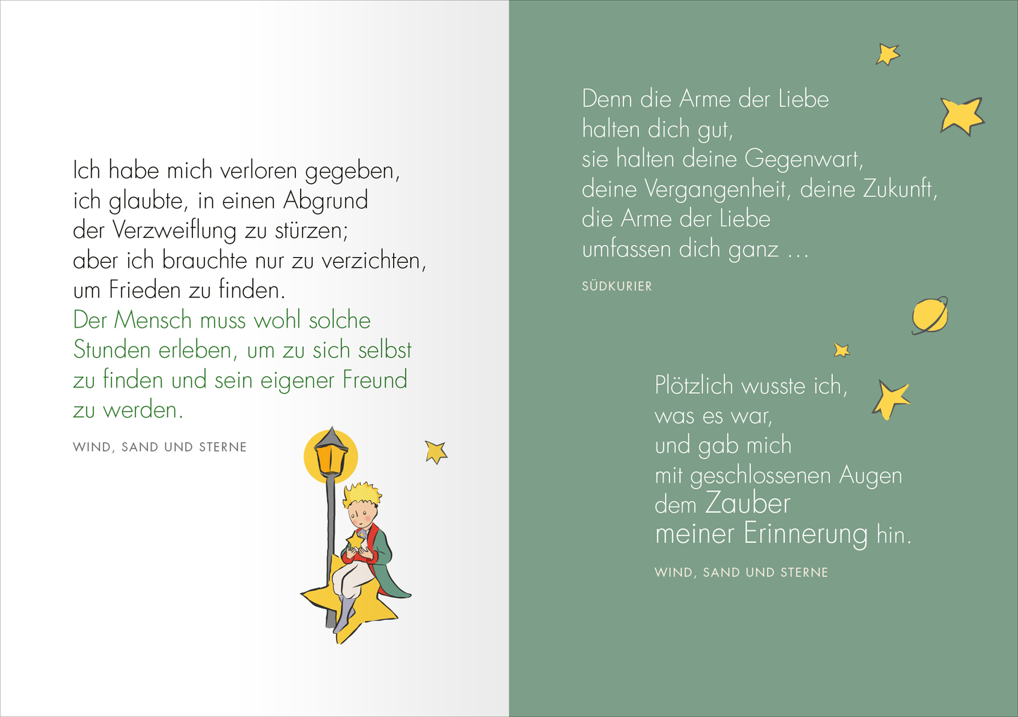 Gezeigt wird eine Innen- oder Zusatzansicht von „Du allein wirst Sterne haben, die lachen können ...“. Die Seite zeigt eine sanfte Farbgestaltung in Weiß und zartem Grün. Links ist ein verspieltes, illustriertes Kind auf einer Laterne abgebildet. Der Text beinhaltet poetische Schriftzüge in einer klaren, gut lesbaren Serifen-Schrift. Auf der rechten Seite sind ebenfalls Sterne und eine durchgehende künstlerische Gestaltung zu sehen, die die emotionale Botschaft des Inhalts unterstützt.