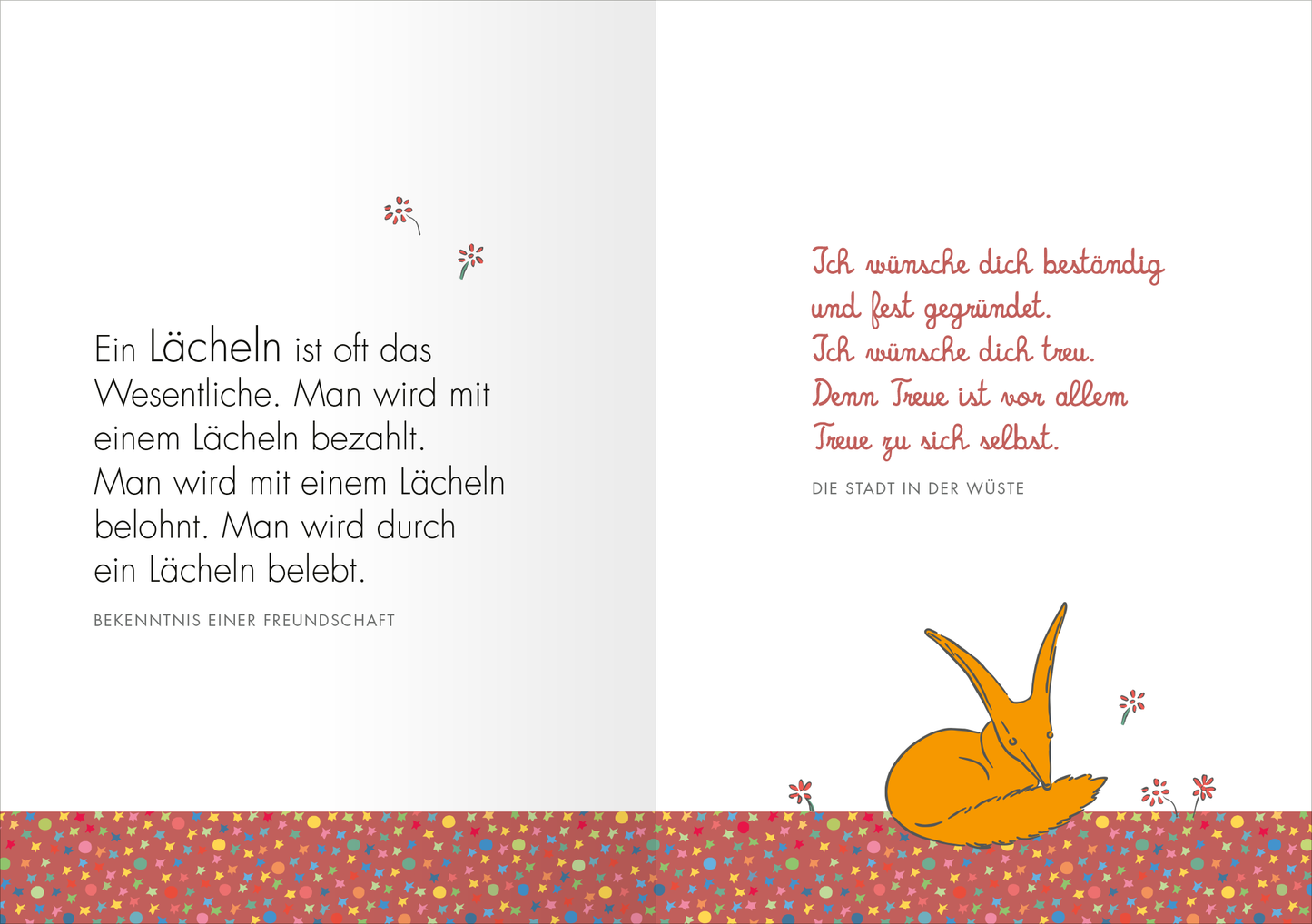 Gezeigt wird eine Innen- oder Zusatzansicht von „Du allein wirst Sterne haben, die lachen können …“. Auf der linken Seite befindet sich ein weißer Hintergrund mit schwarzem, klar lesbarem Text, der die Bedeutung eines Lächelns thematisiert. Auf der rechten Seite ist in roter, handschriftlicher Schrift eine herzliche Botschaft platziert. Unten rechts liegt eine illustration eines orangefarbenen Fuchses auf einem bunten, gepunkteten Muster, das aus verschiedenen warmen Farben besteht.