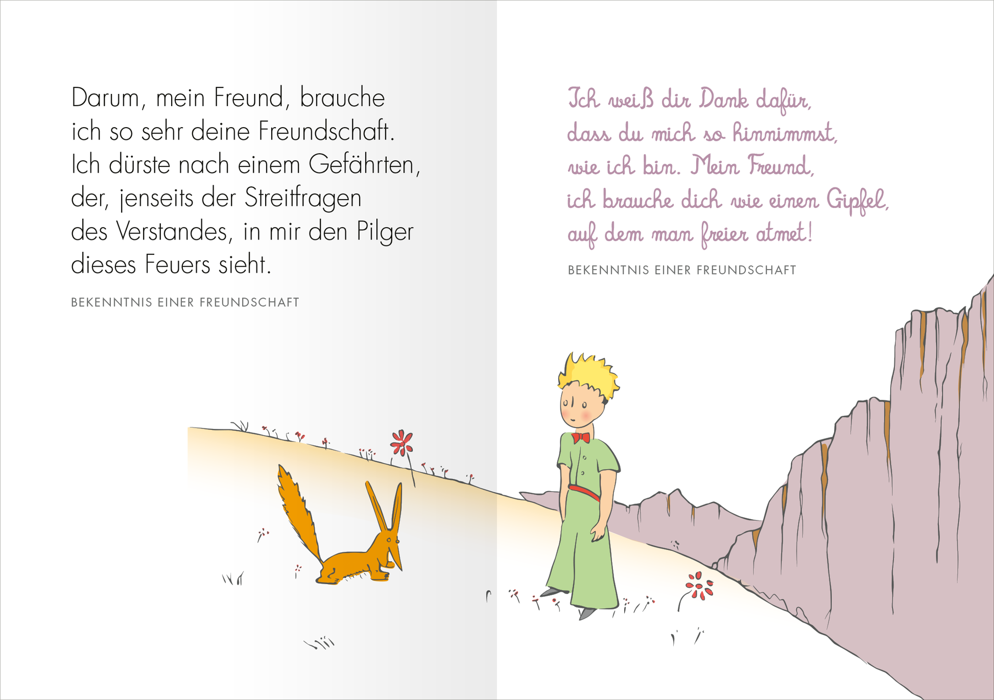 Gezeigt wird eine Innen- oder Zusatzansicht von „Du allein wirst Sterne haben, die lachen können ...“. Die Seite präsentiert zwei Illustrationen: Auf der linken Seite steht ein kleiner Junge mit blonden Haaren und einem grünen Anzug neben einem orangefarbenen Fuchs. Auf der rechten Seite ist der Junge erneut abgebildet, während er in die Ferne blickt, vor einer steilen Felswand. Die Schrift ist in sanften, geschwungenen Linien gehalten, wobei die Farben weich und pastellig sind, was...