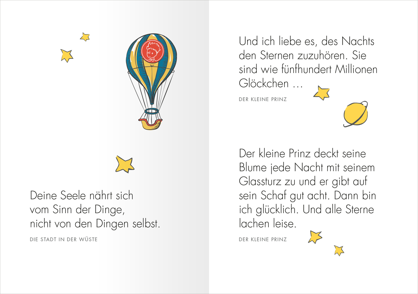 Gezeigt wird eine Innen- oder Zusatzansicht von „Du allein wirst Sterne haben, die lachen können ...“. Die Doppelseite präsentiert eine farbenfrohe Illustration eines Heißluftballons in bunten Vertonungen von Blau und Orange. Um den Ballon schwärmen gelbe Sterne, die in verschiedenen Größen angeordnet sind. Der Text ist in einer klaren, gut lesbaren Schriftart gehalten, wobei wichtige Stellen wie „DER KLEINE PRINZ“ hervorgehoben sind. Der Hintergrund ist schlicht und ermöglicht...