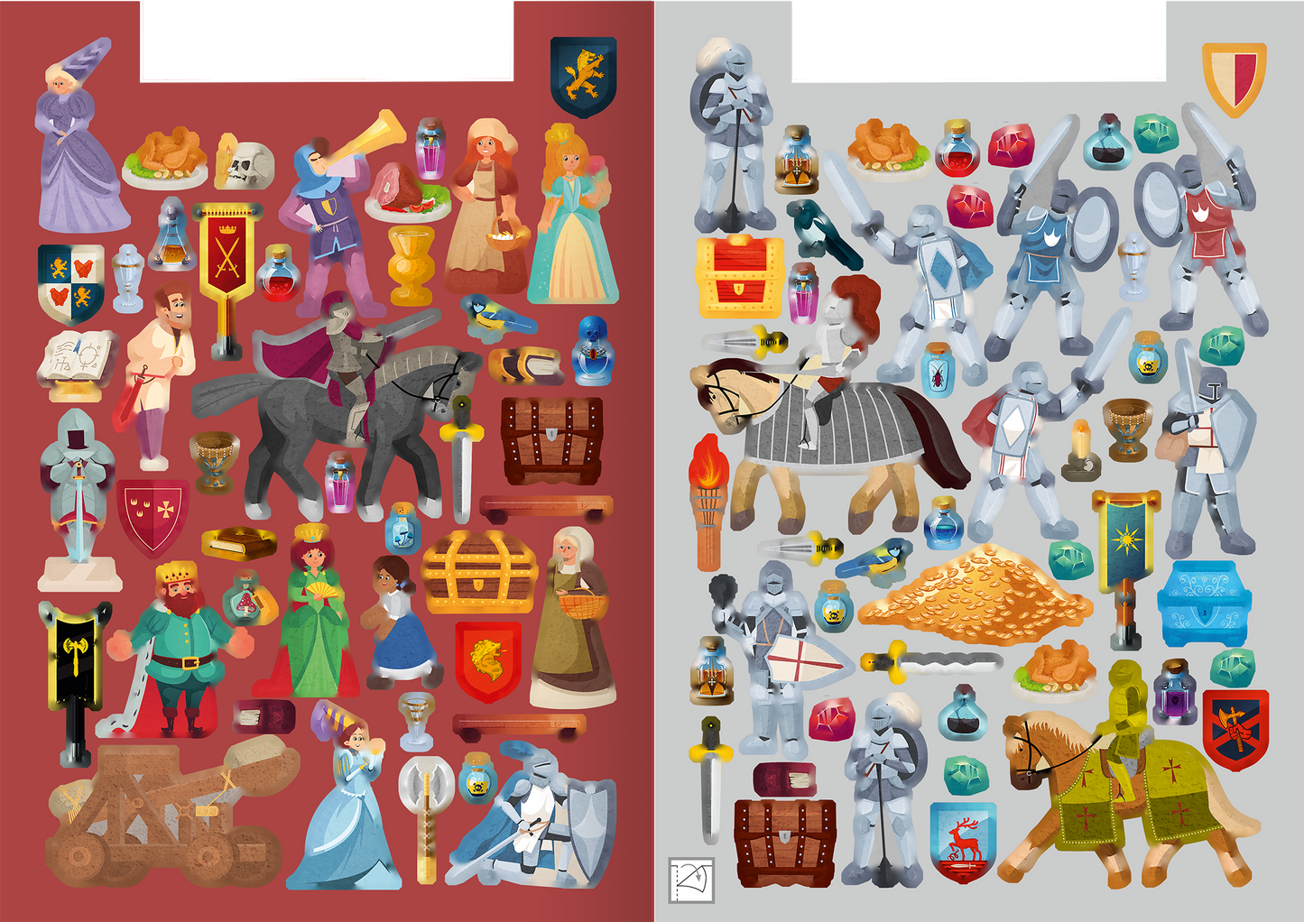 Gezeigt wird eine Innen- oder Zusatzansicht von „Meine Sticker-Ritterburg“. Die Illustration zeigt eine bunte Ansammlung von Stickern, die auf der linken Seite Ritter, Burgfräuleins, Rüstungen und Wappen in warmen Rottönen darstellt. Die rechte Seite ist in kühleren Grautönen gehalten und zeigt kämpfende Ritter, ein Pferd sowie verschiedene Schatzkisten und Zaubertränke. Die Typografie ist verspielt und kindgerecht gestaltet, passend zum mittelalterlichen Thema.