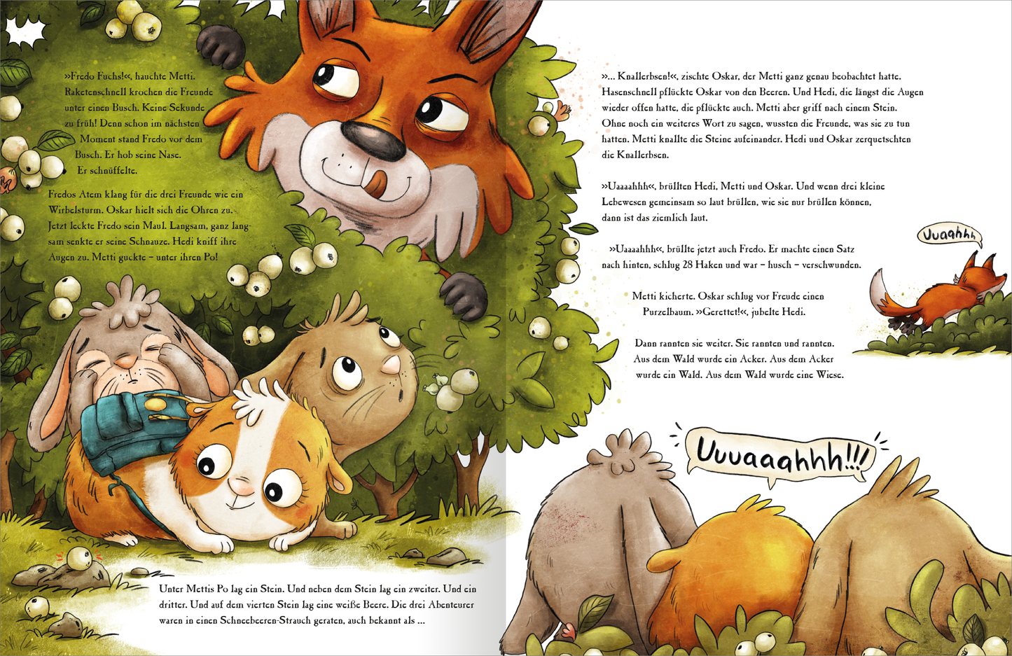 Gezeigt wird eine Innen- oder Zusatzansicht von „Metti Meerschwein und das große Abenteuer“. Die Illustration zeigt eine lebendige Szene im Wald mit einem orangefarbenen Fuchs und mehreren Tierfreunden, darunter ein Meerschweinchen, das auf dem Rücken eines anderen sitzt. Die Farben sind warm und einladend, mit dominierenden Grüntönen und bunten Akzenten. Die Schrift ist freundlich und kindgerecht, was die fröhliche Stimmung der Geschichte unterstreicht. Ein lautes „Uuuuaaaahhh!!“...