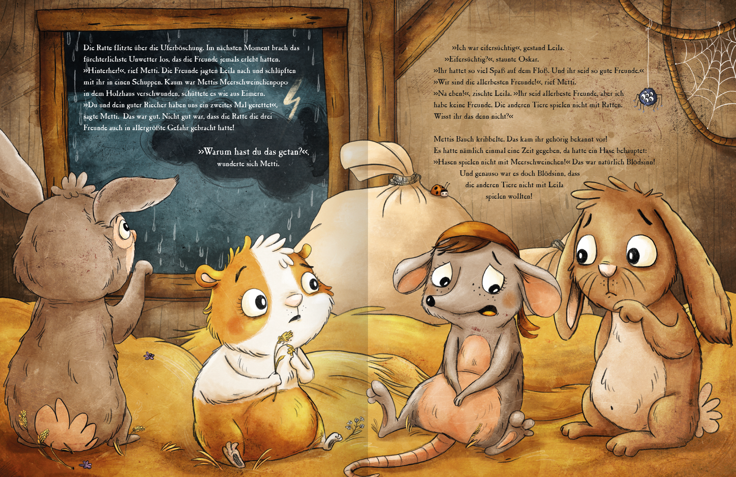 Gezeigt wird eine Innen- oder Zusatzansicht von „Metti Meerschwein und das große Abenteuer“. Die Illustration zeigt vier tierische Charaktere in einem Holzstall, umgeben von Heu und Sackstoffen. Das Meerschwein Metti in der Mitte hat orange-braunes Fell und sieht besorgt aus. Die Farbpalette ist warm und erdig, mit sanften Brauntönen und leuchtenden Akzenten. Der Schriftzug im Hintergrund ist in einer verspielten Schriftart gehalten und vermittelt eine freundliche, kindgerechte...