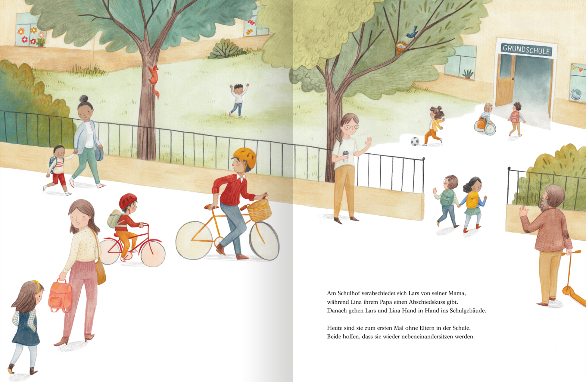 Gezeigt wird eine Innenansicht von „Das alles sind WIR“. Die Illustration zeigt eine belebte Schulumgebung mit vielen Figuren in unterschiedlichen Aktivitäten. Bäume und ein Zaun rahmen die Szene ein. Kinder und Erwachsene interagieren miteinander, einige gehen zur Schule, während andere Fahrrad fahren oder sich unterhalten. Die sanften, harmonischen Farben verleihen dem Bild eine freundliche, einladende Atmosphäre.