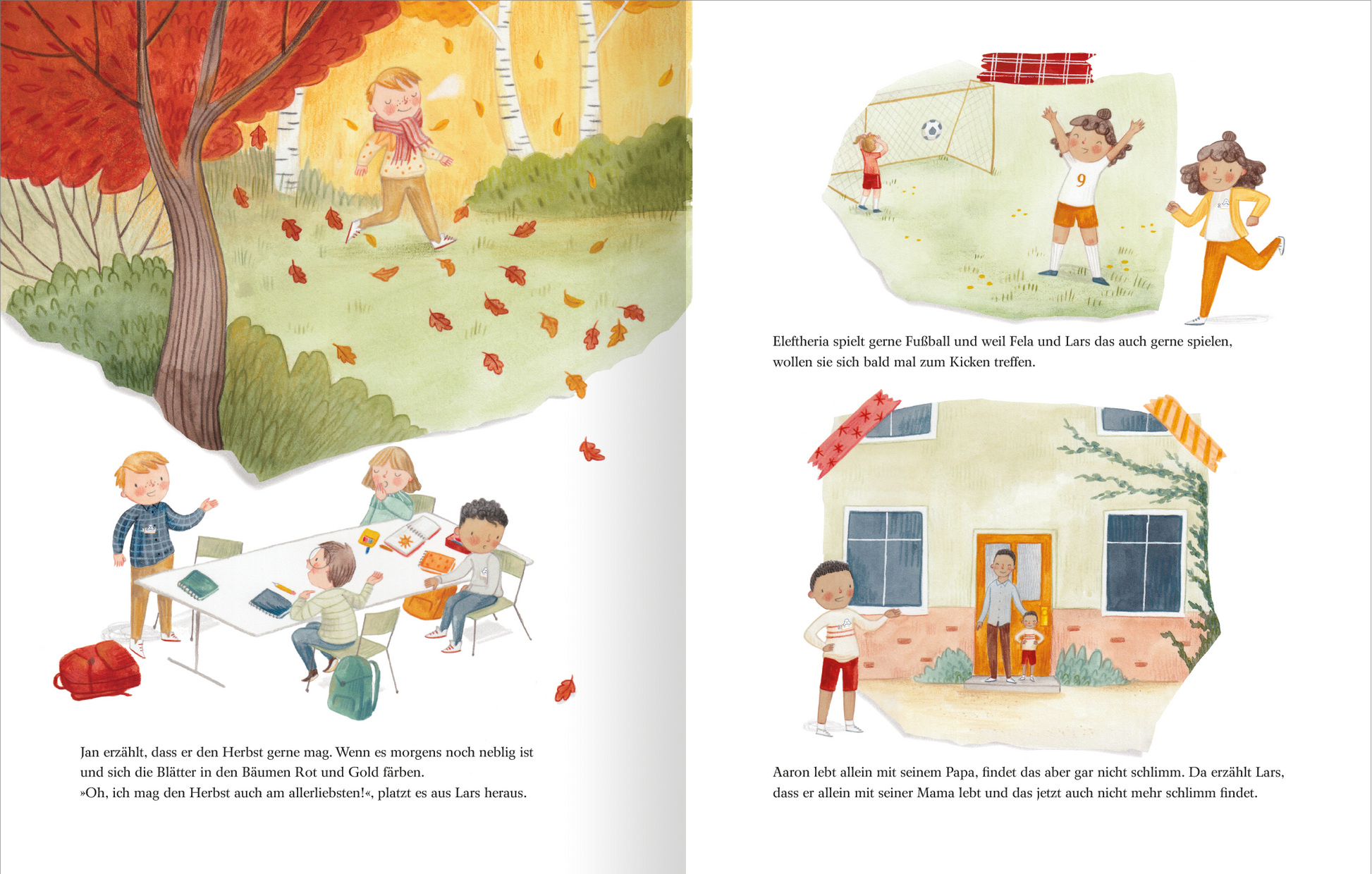 Gezeigt wird eine Innenansicht von „Das alles sind WIR“. Die Illustration zeigt eine lebhafte Herbstszene mit buntem Laub in warmen Rot- und Gelbtönen. Auf der linken Seite spielen Kinder an einem Tisch mit Büchern und Stiften, während auf der rechten Seite ein Mädchen in einem weißen T-Shirt fröhlich Fußball spielt. Darunter ist eine Illustration von einem Haus, vor dem ein Vater mit seinem Sohn steht. Die Typografie ist klar und kindgerecht, die Darstellung vermittelt Freude und...