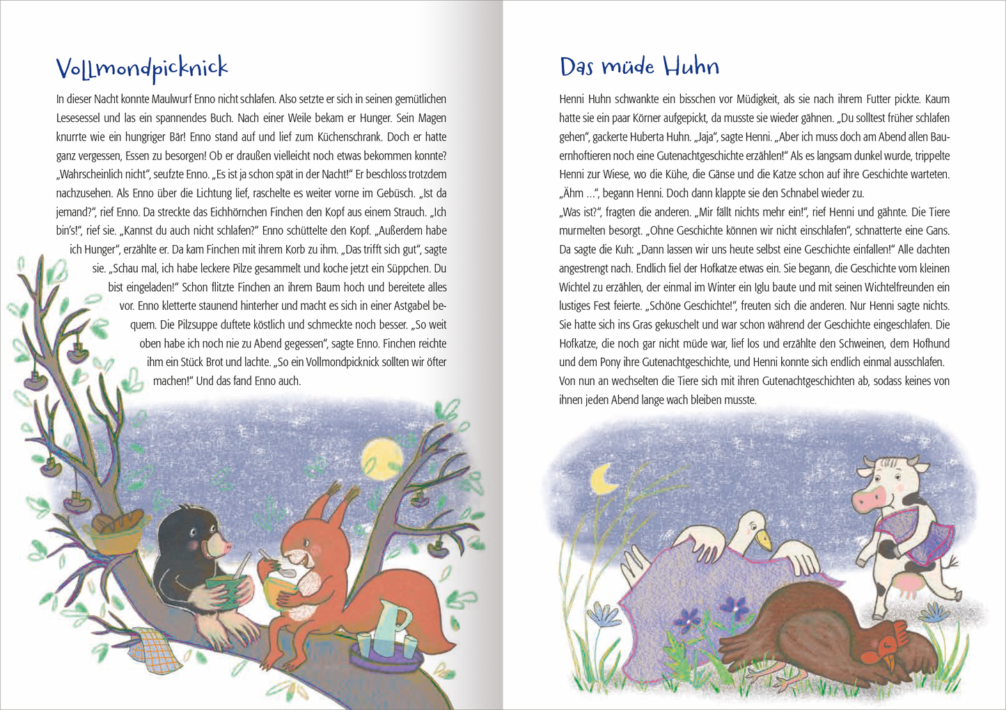 Gezeigt wird eine Innenansicht von „222 Geschichten zum Kuscheln“. Die Doppelseite präsentiert eine fantasievolle Illustration, die eine gemütliche Nachtszene zeigt. Auf der linken Seite sitzt ein roter Fuchs neben einem Baum, umgeben von bunten Pflanzen und einem großen, hellen Mond. Auf der rechten Seite sind ein mude Huhn und eine Kuh abgebildet, beide mit freundlichen Gesichtsausdrücken. Die Typografie ist groß und klar, mit liebevoll gestalteten Überschriften in sanften Farben,...