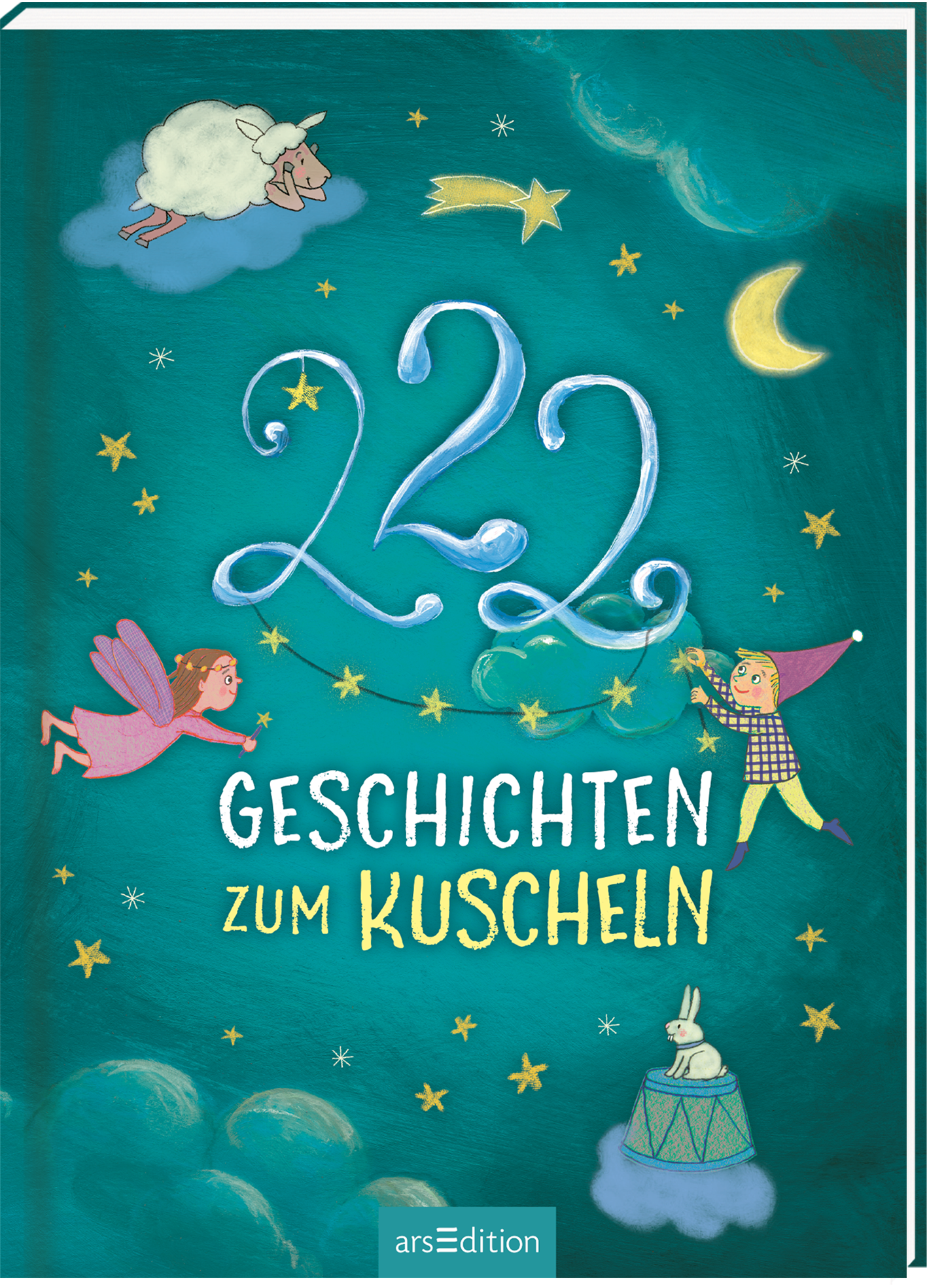Das Buchcover zeigt einen dunkleren grünblauen Hintergrund mit Illustrationen. Oben links schwebt ein Schaf auf einer Wolke. In der Mitte steht in geschwungener, blauer Typografie die Zahl „222“. Darunter in gelber Schrift der Titel „Geschichten zum Kuscheln“. Auf der linken Seite sieht man eine Fee mit Flügeln, rosa Kleid und einem Zauberstab. Rechts ist ein Wichtel zu sehen, der eine Sternenkette um die Windung der letzten 2 hängt. Weiter unten wird ein Kaninchen abgebildet. Zudem...