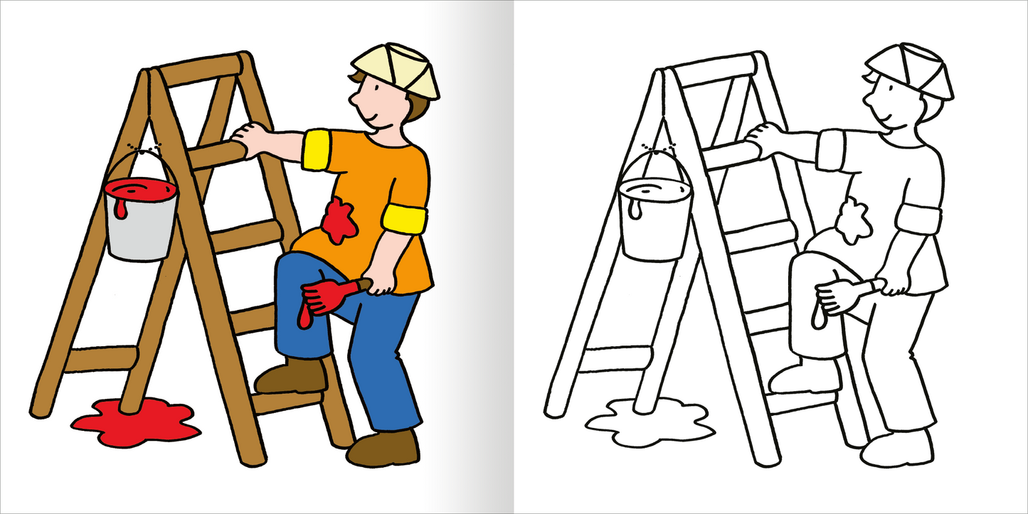 Gezeigt wird eine Innen- oder Zusatzansicht von „Mein erstes dickes Malbuch ab 2 – Baustelle“. Die Abbildung zeigt einen Jungen auf einer Holzleiter, der mit einem Pinsel Farbe aufträgt. Er trägt ein oranges T-Shirt und eine weiße Schirmmütze. Am Boden befindet sich ein Farbtropfen, und ein Eimer mit roter Farbe hängt an der Leiter. Die Farben sind lebhaft und ansprechend gestaltet, um Kinder zu motivieren.
