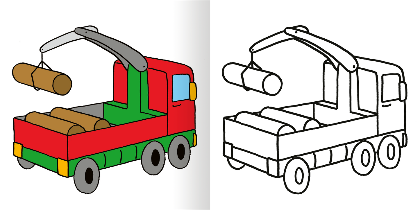 Gezeigt wird eine Innen- oder Zusatzansicht von „Mein erstes dickes Malbuch ab 2 – Baustelle“. Auf der linken Seite ist ein bunt gestalteter Lastwagen in kräftigen Farben wie Rot, Grün und Gelb zu sehen, der mit runden Holzstämmen beladen ist. Rechts befindet sich eine schwarz-weiße, ausmalbare Version des gleichen Bildes. Die Typografie ist klar und kindgerecht, ideal für die Zielgruppe.