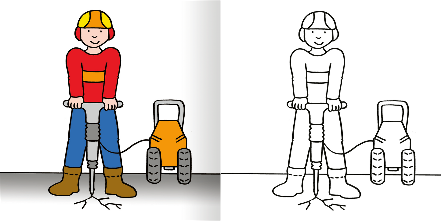 Gezeigt wird eine Innen- oder Zusatzansicht von „Mein erstes dickes Malbuch ab 2 – Baustelle“. Die Abbildung zeigt einen fröhlichen Bauarbeiter in rot-blauer Kleidung mit einem gelben Helm, der eine Bohrmaschine bedient. Neben ihm steht ein orangefarbenes Gerät. Die linke Seite ist farbig, die rechte Seite in Schwarz-Weiß zum Ausmalen. Der Hintergrund ist neutral und lenkt nicht von den zentralen Figuren ab. Die klare, dicke Kontur macht die Szene gut erkennbar.