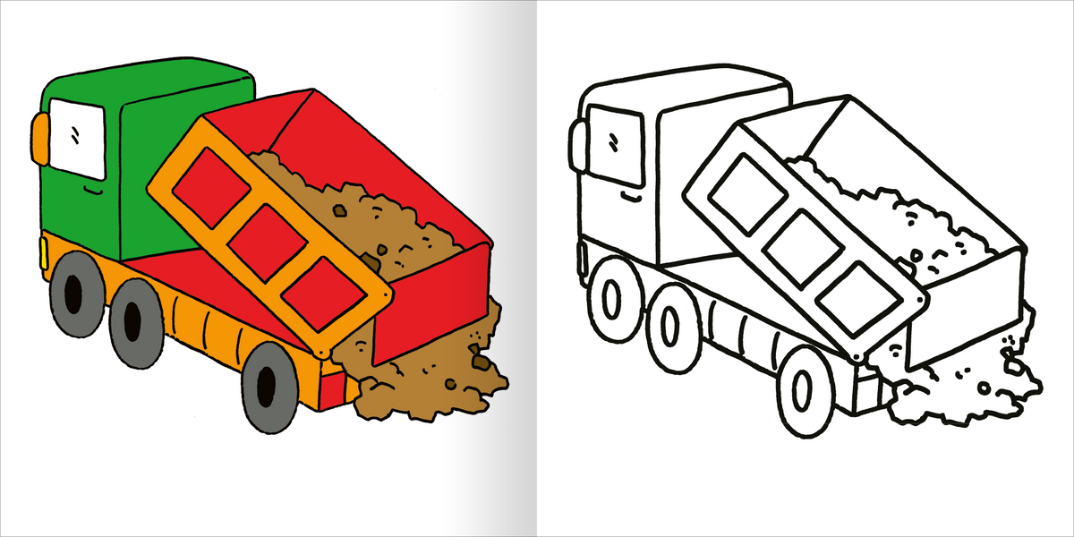 Gezeigt wird eine Innen- oder Zusatzansicht von „Mein erstes dickes Malbuch ab 2 – Baustelle“. Die Abbildung zeigt einen bunten Kipplaster in leuchtendem Grün, Rot und Gelb, der mit Erde beladen ist. Auf der linken Seite ist der Laster farbig gestaltet, während die rechte Seite eine schwarz-weiße Umrisszeichnung zeigt, die zum Ausmalen einlädt. Die Typografie und das Design sind kinderfreundlich und ansprechend gestaltet, um die Fantasie anzuregen.