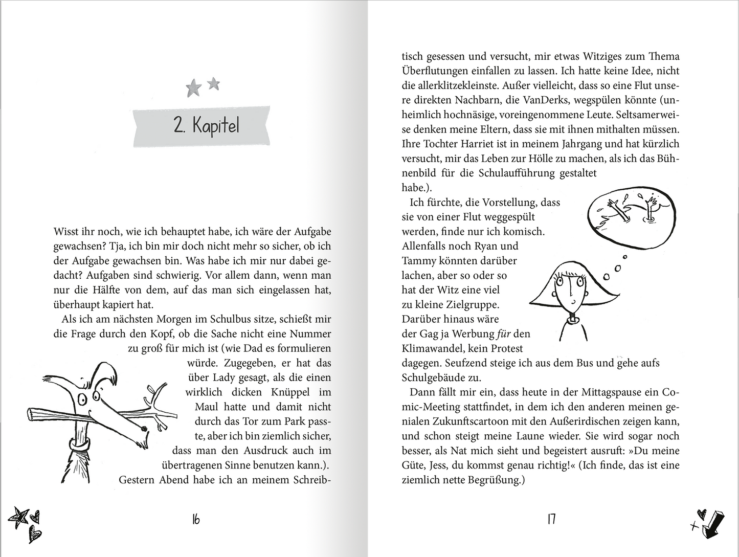 Gezeigt wird eine Innen- oder Zusatzansicht von „Meine schrecklich beste Freundin und die gigantische Glückssträhne“. Die Seiten sind in einem hellen Farbton gehalten, mit kontrastierenden schwarzen Schriftzüge. Die Überschrift des Kapitels ist prominent in einer größeren, verspielten Schriftart platziert, um Aufmerksamkeit zu erregen. Illustrationen ergänzen den Text und zeigen humorvolle Charaktere. Am Rand sind kleine grafische Elemente wie Sterne und Symbole angeordnet, die das...