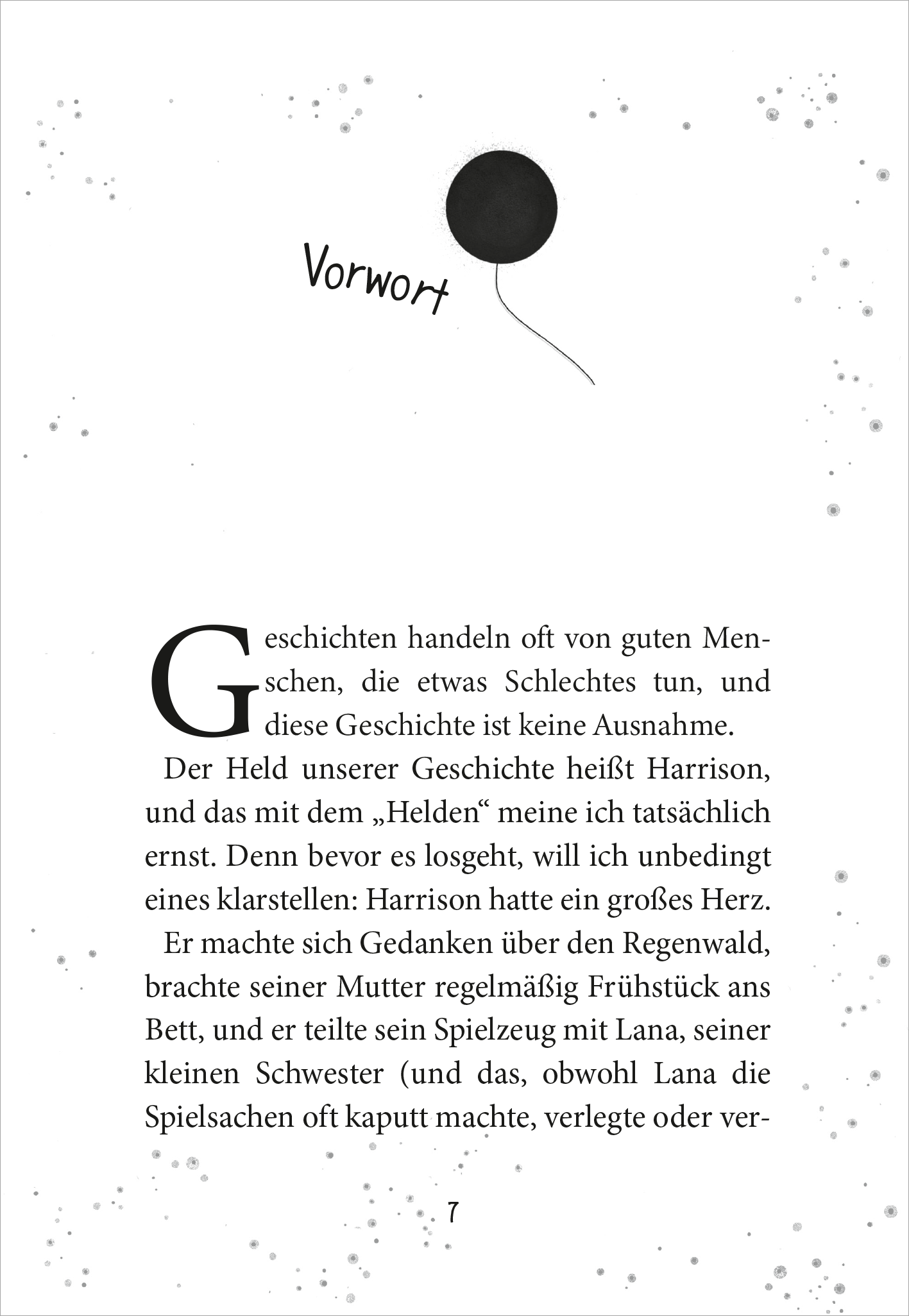 Gezeigt wird eine Innenansicht von „Der Junge, der die Welt verschwinden ließ“. Die Seite präsentiert den Titel „Vorwort“ in moderner, serifenloser Schrift. Ein schlichter schwarzer Ballon schwebt über dem Titel, umgeben von feinen, grauen Spritzern, die eine lebendige, kinderfreundliche Atmosphäre erzeugen. Der Text ist klar strukturiert und in gut lesbarer schwarzer Farbe, was die Zugänglichkeit fördert.