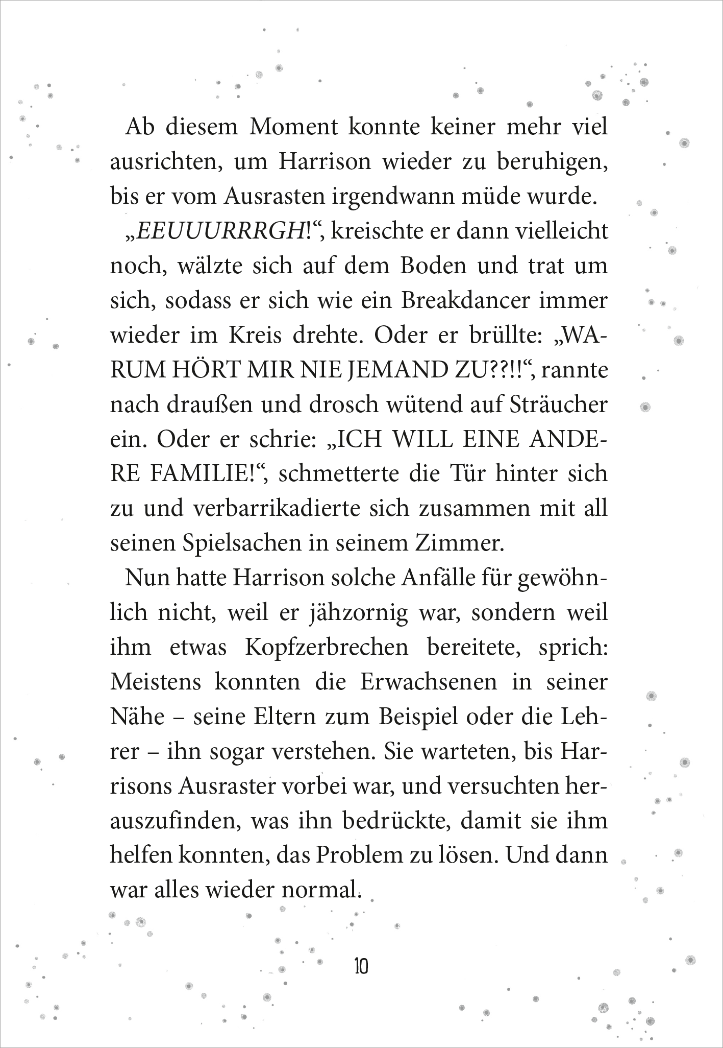 Gezeigt wird eine Innenansicht von „Der Junge, der die Welt verschwinden ließ“. Die Seite ist in sanften Grautönen gehalten, die den Text und die weißen Bereiche betonen. Die typografische Gestaltung ist klar und gut lesbar, mit einem großzügigen Zeilenabstand. Ein fragmentierter Hintergrund aus hellen Punkten schwächt die visuelle Schärfe und vermittelt einen träumerischen Eindruck. Der Text beschreibt emotionale Momente des Protagonisten und nutzt lebendige, ausdrucksvolle Sprache.