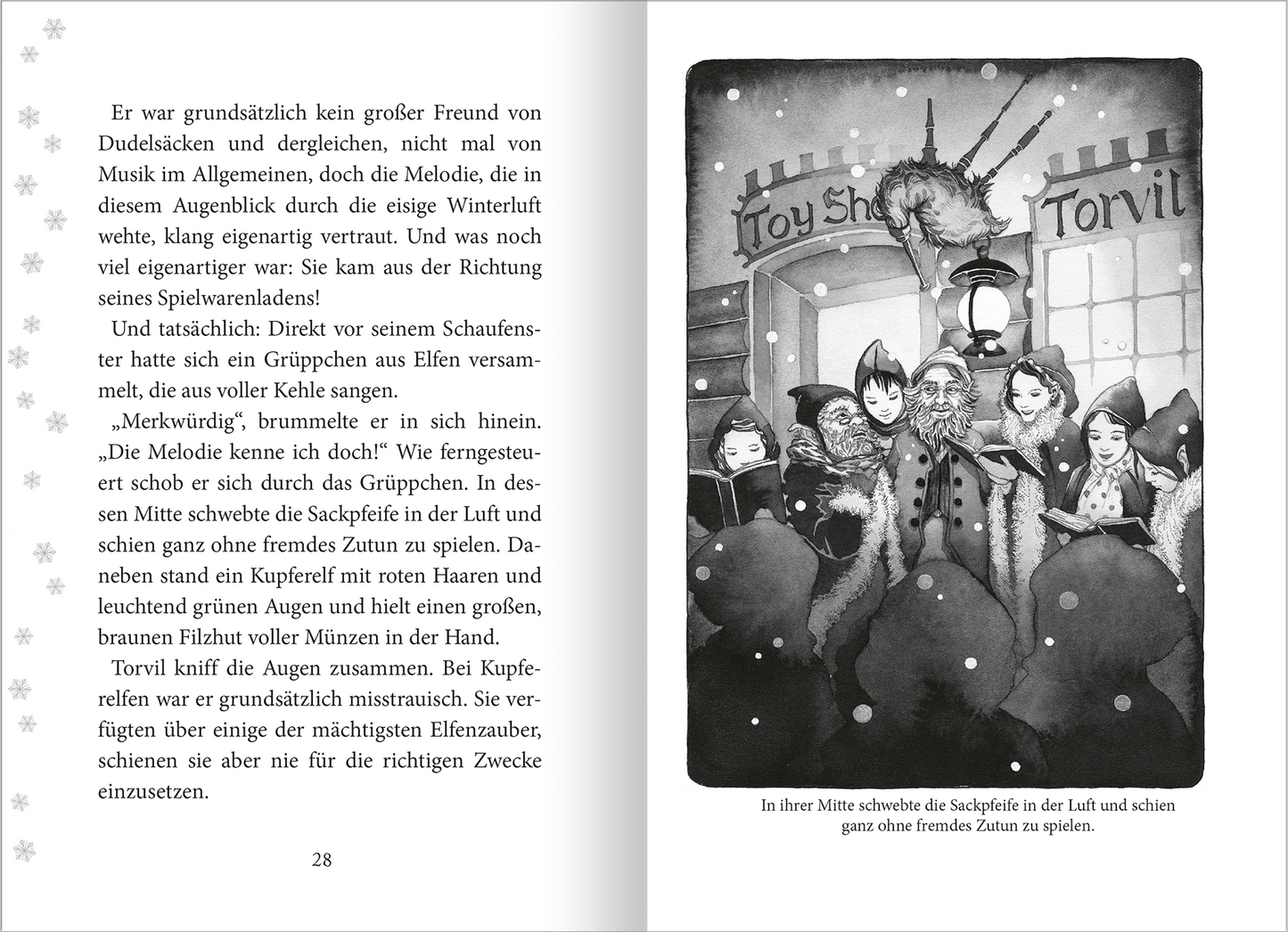 Gezeigt wird eine Innen- oder Zusatzansicht von „Die Nacht, in der ich Weihnachten rettete“. Die Illustration zeigt eine winterliche Szenerie mit mehreren Charakteren in warmen, verschneiten Outfits. Der zentrale Fokus liegt auf einer Gruppierung von Elfen, die sich um einen Charakter mit einem Sack voller Münzen versammelt haben. Die Farben sind überwiegend in Grautönen gehalten, mit Akzenten in kräftigen Rottönen. Die verwendete Schriftart ist verspielt und kindgerecht, was die...