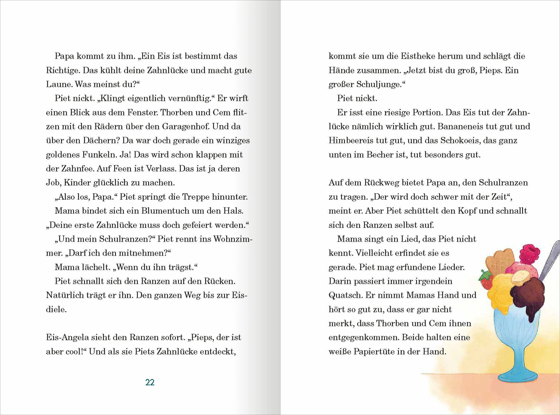 Gezeigt wird eine Innen- oder Zusatzansicht von „Die Wackelzahn-Bande kommt in die Schule“. Die Doppelseite präsentiert einen farbenfrohen, illustrativen Stil, der eine humorvolle Szene aus dem Schulalltag zeigt. Auf der linken Seite befindet sich ein Textabschnitt in klarer, gut lesbarer Schrift. Auf der rechten Seite ist eine bunte Eistüte mit verschiedenen Eissorten abgebildet, die lebendige Farben verwenden. Die Elemente sind freundlich und kinderorientiert gestaltet, um eine...