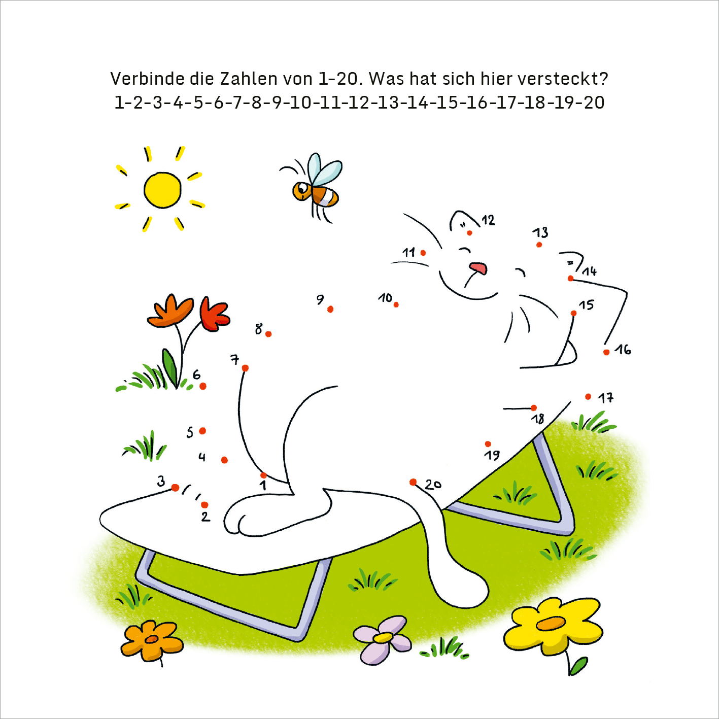 Gezeigt wird eine Innen- oder Zusatzansicht von „Mein dicker Kindergarten-Block“. Die Seite zeigt eine witzige Illustration eines liegenden Katers auf einer Liege, umgeben von bunten Blumen und einem sonnigen Himmel. Am oberen Rand steht die Aufgabe „Verbinde die Zahlen von 1-20“. Die Zahlen sind in verschiedenen Positionen in der Zeichnung platziert. Die Verwendung von lebendigen Farben und kindgerechter Schriftart sorgt für eine einladende Atmosphäre.