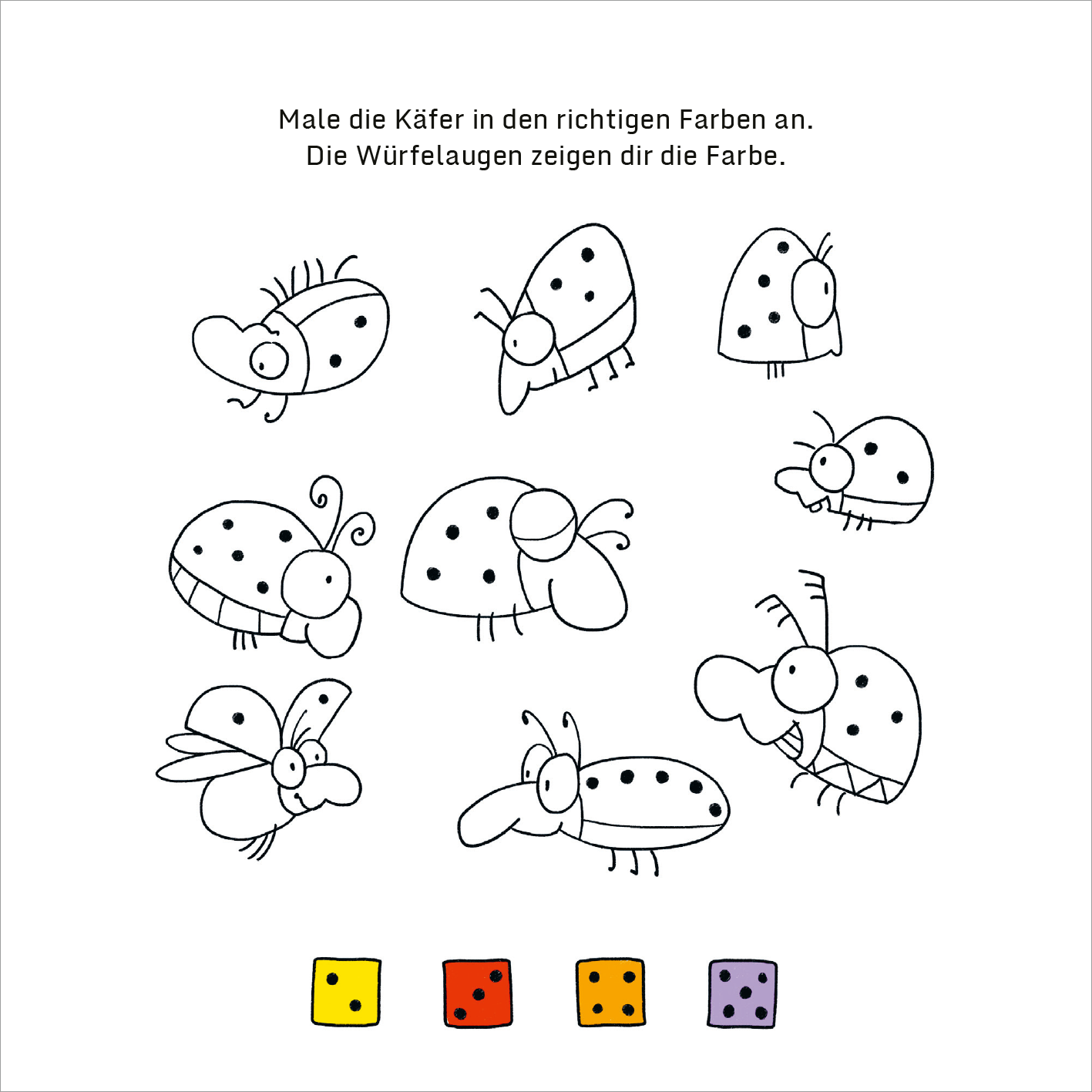 Gezeigt wird eine Innen- oder Zusatzansicht von „Mein dicker Kindergarten-Block“. Auf dieser Seite sind zahlreiche künstlerisch gestaltete Käfer abgebildet, die größtenteils mit großen Augen und lächelnden Gesichtern versehen sind. Die Bilder sind in Schwarz-Weiß gehalten und laden dazu ein, mit Farben ausgefüllt zu werden. Über den Käfern steht der Hinweis „Male die Käfer in den richtigen Farben an“. Darunter sind vier farbige Würfel mit unterschiedlichen Farben...