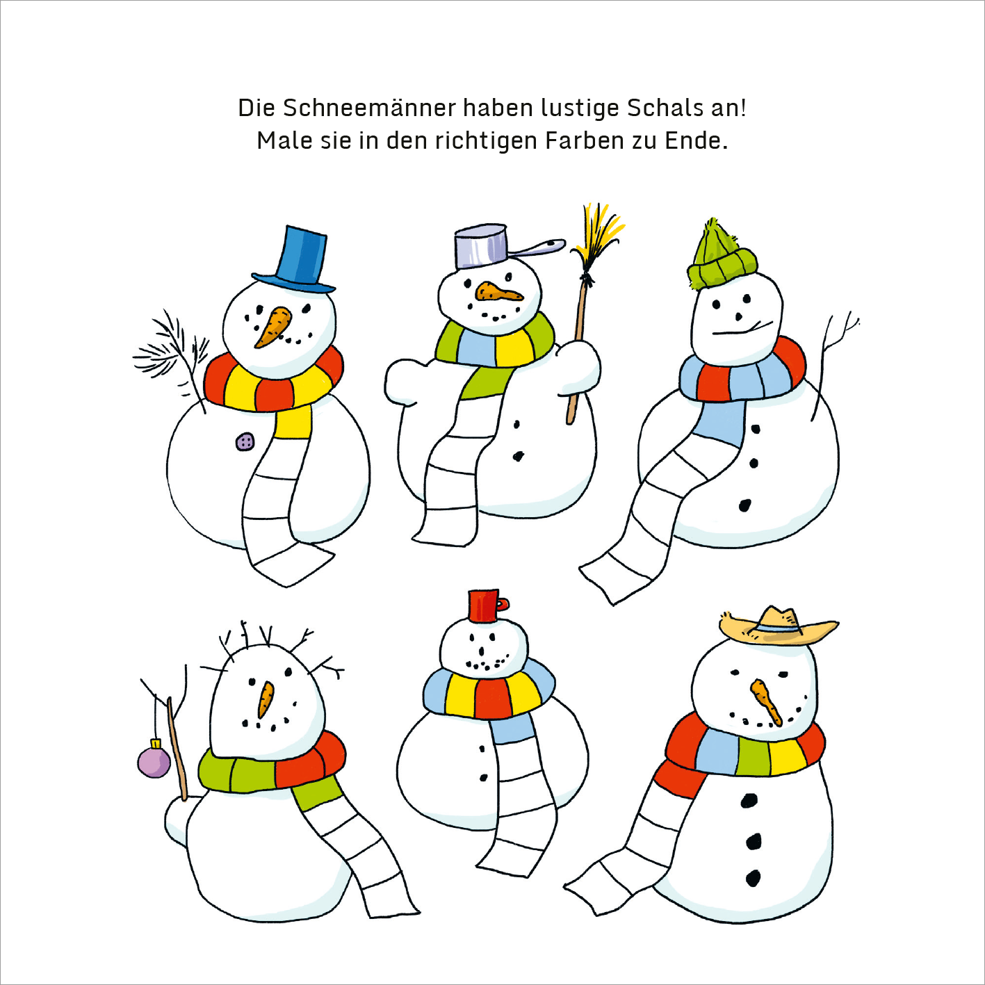 Gezeigt wird eine Innen- oder Zusatzansicht von „Mein dicker Kindergarten-Block“. Die Abbildung zeigt sechs fröhliche Schneemänner, die unterschiedlich farbige Schals tragen. Jeder Schneemann hat eine individuelle Kopfbedeckung, darunter ein Zylinder, eine Mütze und ein Hut. Die Farben sind lebhaft und variieren zwischen Blau, Grün, Rot und Gelb. Oberhalb der Figuren steht der Text „Die Schneemänner haben lustige Schals an! Male sie in den richtigen Farben zu Ende.“ in klarer,...