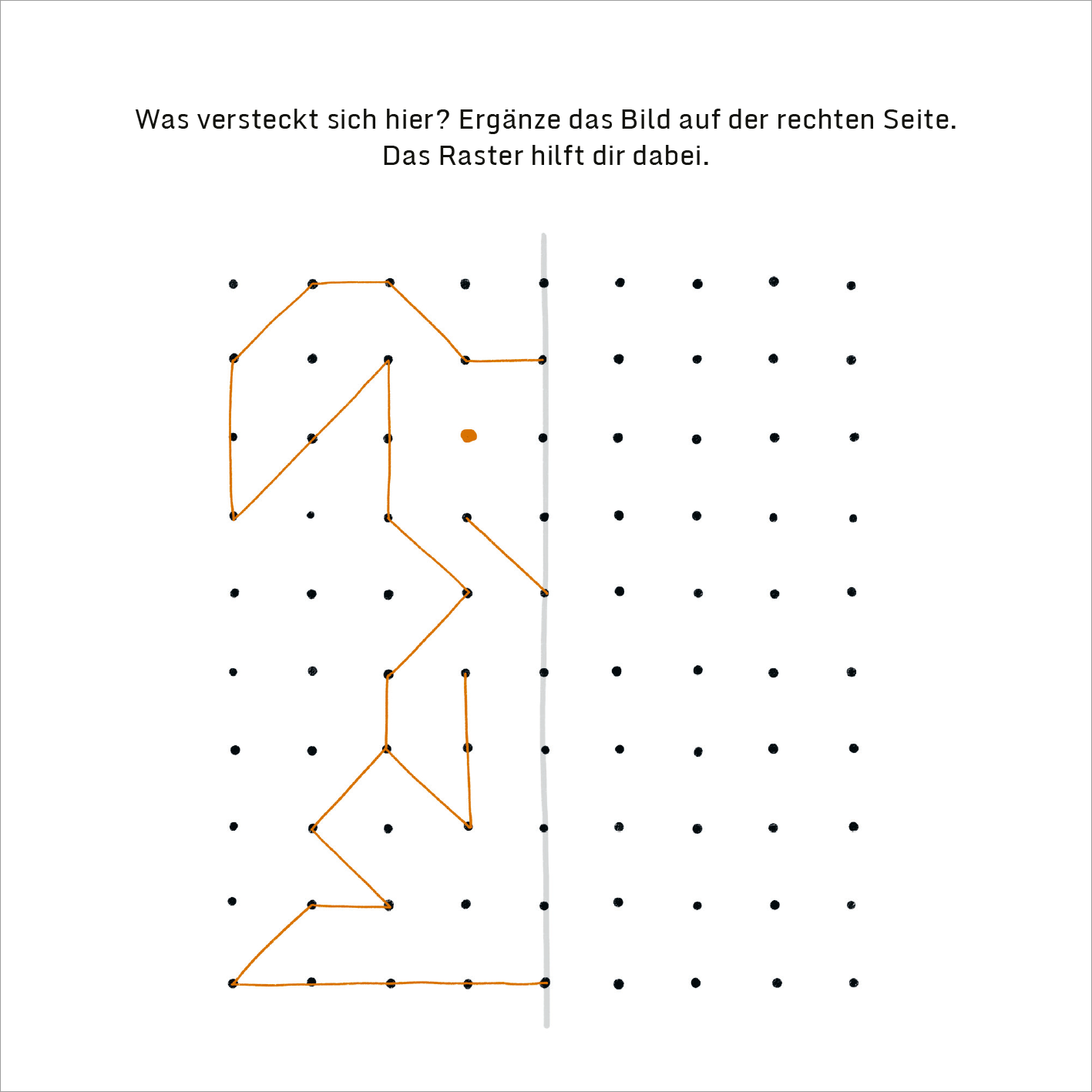 Gezeigt wird eine Innen- oder Zusatzansicht von „Mein dicker Kindergarten-Block“. Die Abbildung zeigt ein grafisches Rätsel, in dem verschiedene Punkte durch orangefarbene Linien verbunden sind, die die Umrisse eines versteckten Bildes formen. Auf der rechten Seite ist ein Raster mit vielen schwarzen Punkten zu sehen, das den Kindern hilft, das Bild zu vervollständigen. Über der Grafik steht die Frage „Was versteckt sich hier?“. Die Schrift ist klar und gut lesbar.