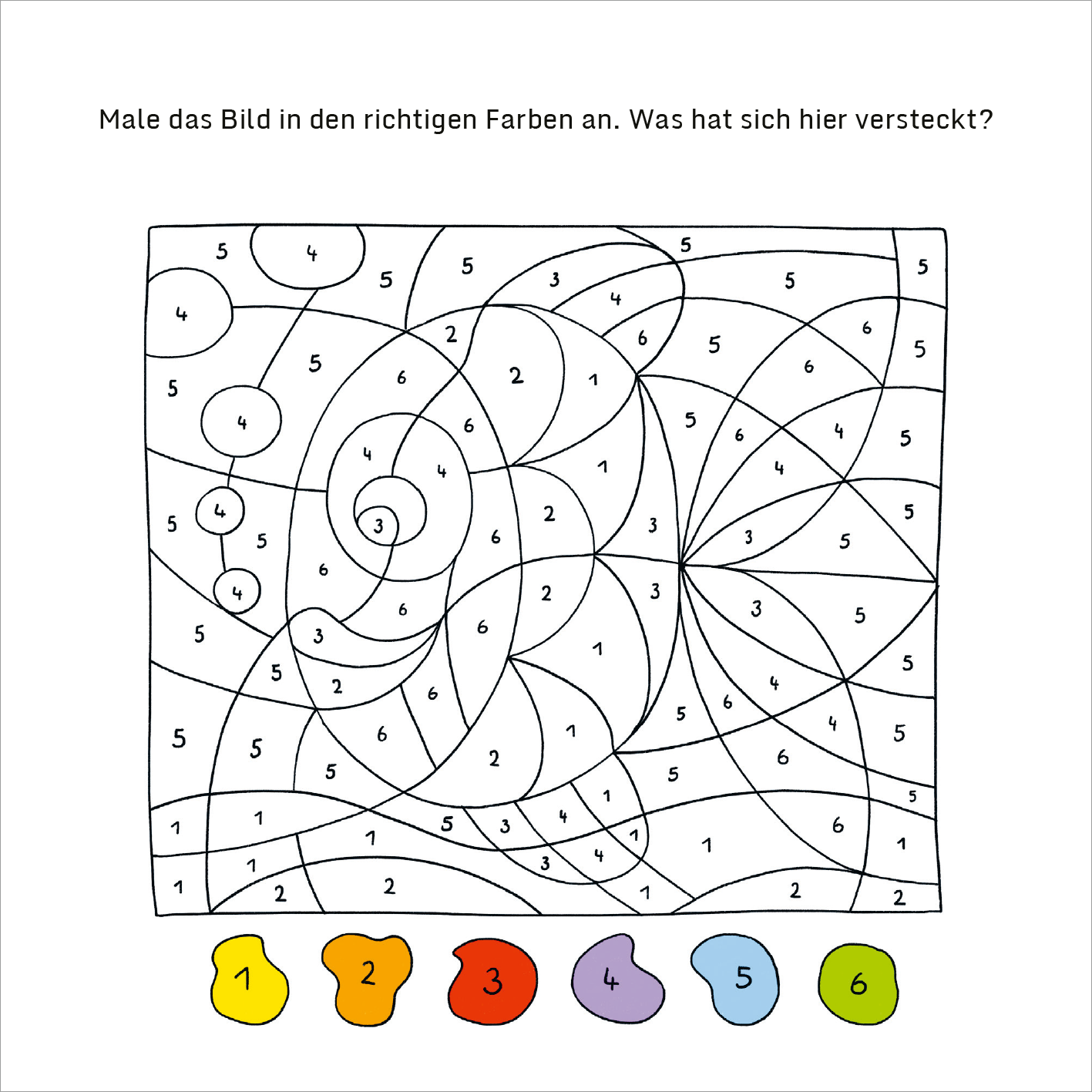 Gezeigt wird eine Innen- oder Zusatzansicht von „Mein dicker Kindergarten-Block“. Die Abbildung zeigt ein ausgemaltes Bild mit unterschiedlichen Linienmustern in Schwarz auf weißem Hintergrund. Farbige Zahlen sind den einzelnen Bereichen zugeordnet. Am unteren Rand sind sechs farbige Formen abgebildet, die den Zahlen 1 bis 6 zugeordnet sind. Die Typografie der Anleitung fordert dazu auf, das Bild in den richtigen Farben auszumalen.