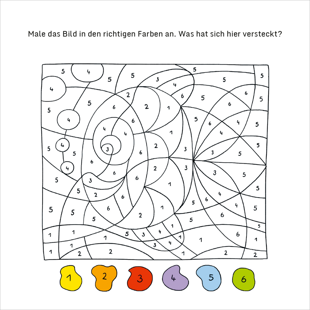 Gezeigt wird eine Innen- oder Zusatzansicht von „Mein dicker Kindergarten-Block“. Die Abbildung zeigt ein ausgemaltes Bild mit unterschiedlichen Linienmustern in Schwarz auf weißem Hintergrund. Farbige Zahlen sind den einzelnen Bereichen zugeordnet. Am unteren Rand sind sechs farbige Formen abgebildet, die den Zahlen 1 bis 6 zugeordnet sind. Die Typografie der Anleitung fordert dazu auf, das Bild in den richtigen Farben auszumalen.