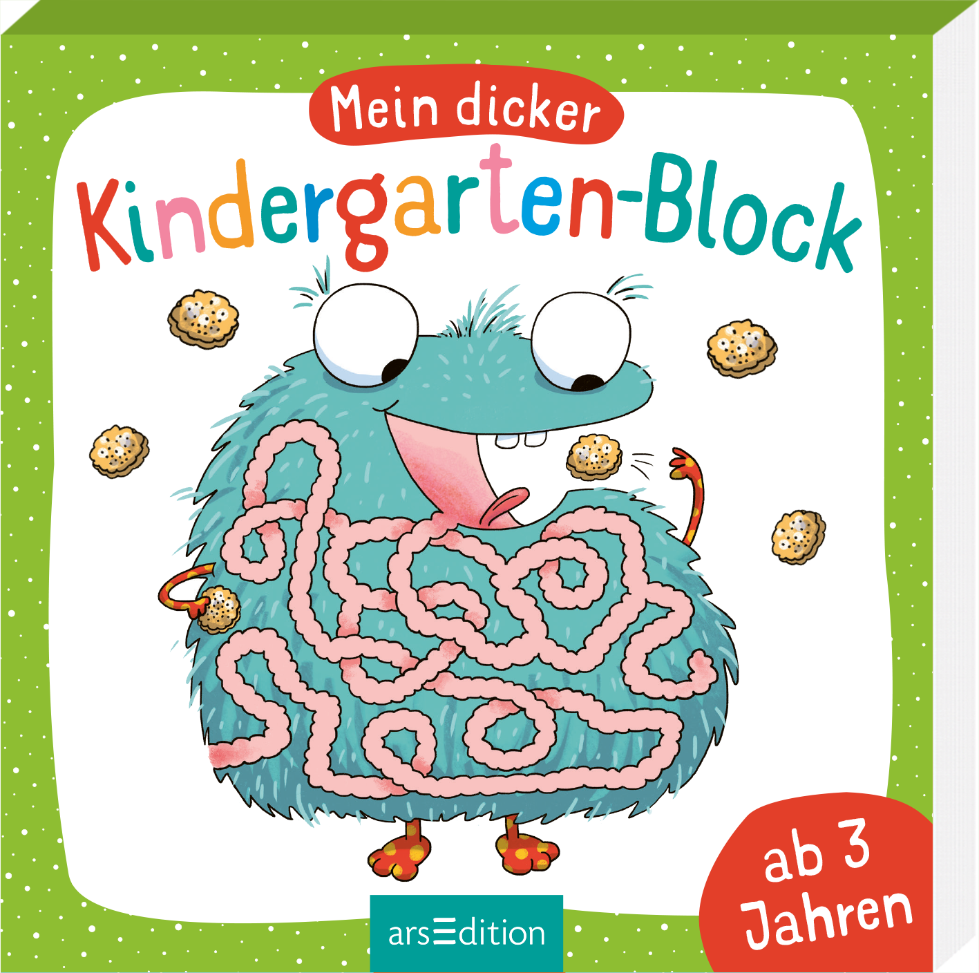 Das Buchcover zeigt ein fröhliches, pummeliges Monster in lebhaften Farben, das mit einem pinkfarbenen Labyrinth aus Linien dekoriert ist. Um das Monster schwirren runde, helle Kekse. Der Titel „Mein dicker Kindergarten-Block“ ist in bunten Buchstaben über dem Monster platziert, während „ab 3 Jahren“ in einer roten, abgerundeten Form am unteren Rand erscheint. Ganz unten mittig steht der Logoschriftzug von arsEdition.