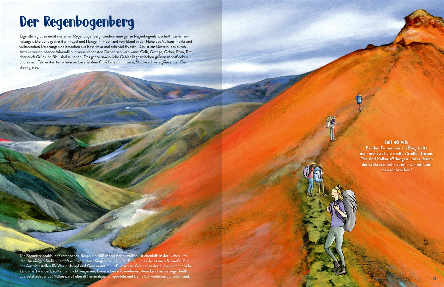 Gezeigt wird eine Innen- oder Zusatzansicht von „Island“. Die Seite zeigt eine farbenfrohe Landschaft mit dem Regenbogenberg im Vordergrund, der in lebhaften Rost- und Gelbtönen leuchtet. Wanderer sind auf einem schmalen Pfad zu sehen, umgeben von sanften Hügeln in verschiedenen Grüntönen und blauen Bergen im Hintergrund. Die Schrift ist verspielt und gut lesbar, mit „Der Regenbogenberg“ in markanter Typografie, zusammen mit einem informativen Textblock auf der linken Seite.