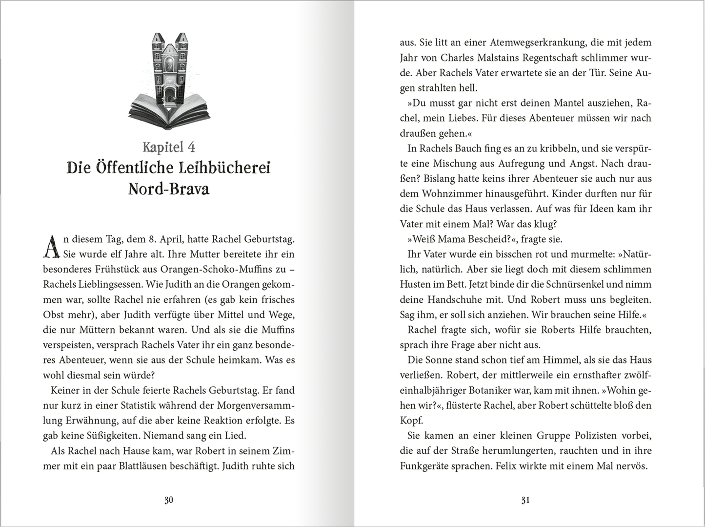 Gezeigt wird eine Innenansicht von „Wilde Weihnacht überall“. Die Seite enthält einen fließenden Text mit klarer, gut lesbarer Serifen-Schrift in Schwarz auf hellem Hintergrund. Am oberen Rand steht das Kapitel in größerer Schriftgröße: „Die Öffentlich Leihbücherei Nord-Brava“. Unterhalb des Kapiteltitels beginnt der Fließtext, der durch Absätze strukturiert ist. Die Seitenränder sind großzügig gestaltet, was die Lesbarkeit unterstützt. Ein dezentes, grafisches Element in...