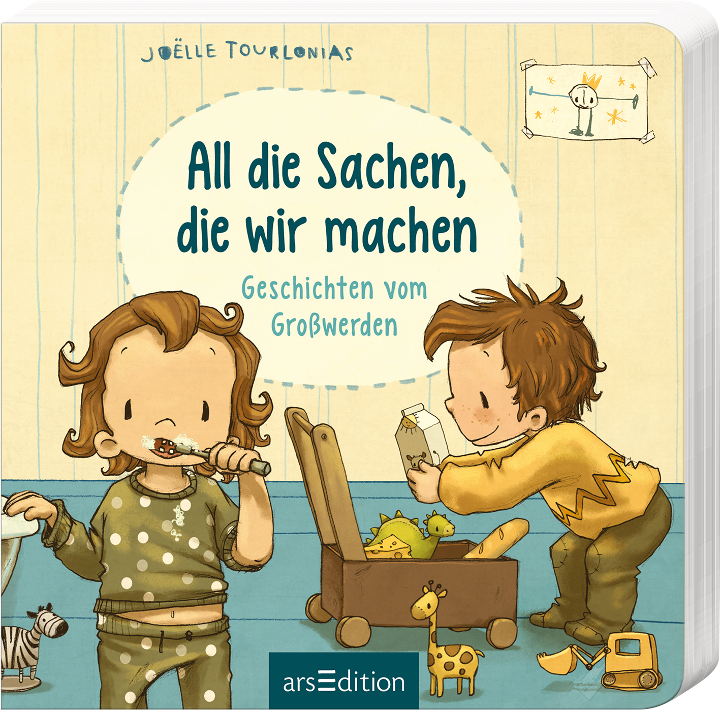Das Buchcover zeigt zwei fröhliche Kinder in einem bunten, spielerischen Raum. Auf der linken Seite steht ein Mädchen mit lockigem Haar, das Zahnbürste hält, während ein Junge auf der rechten Seite mit einem Spielzeug beschäftigt ist. Der Hintergrund ist in sanften pastellfarbenen Tönen gehalten, mit einem hellblauen Streifenmuster und verschiedenen Spielzeugen am Boden. Der Titel „All die Sachen, die wir machen“ ist in verspielter, grüner Typografie platziert, darunter steht...