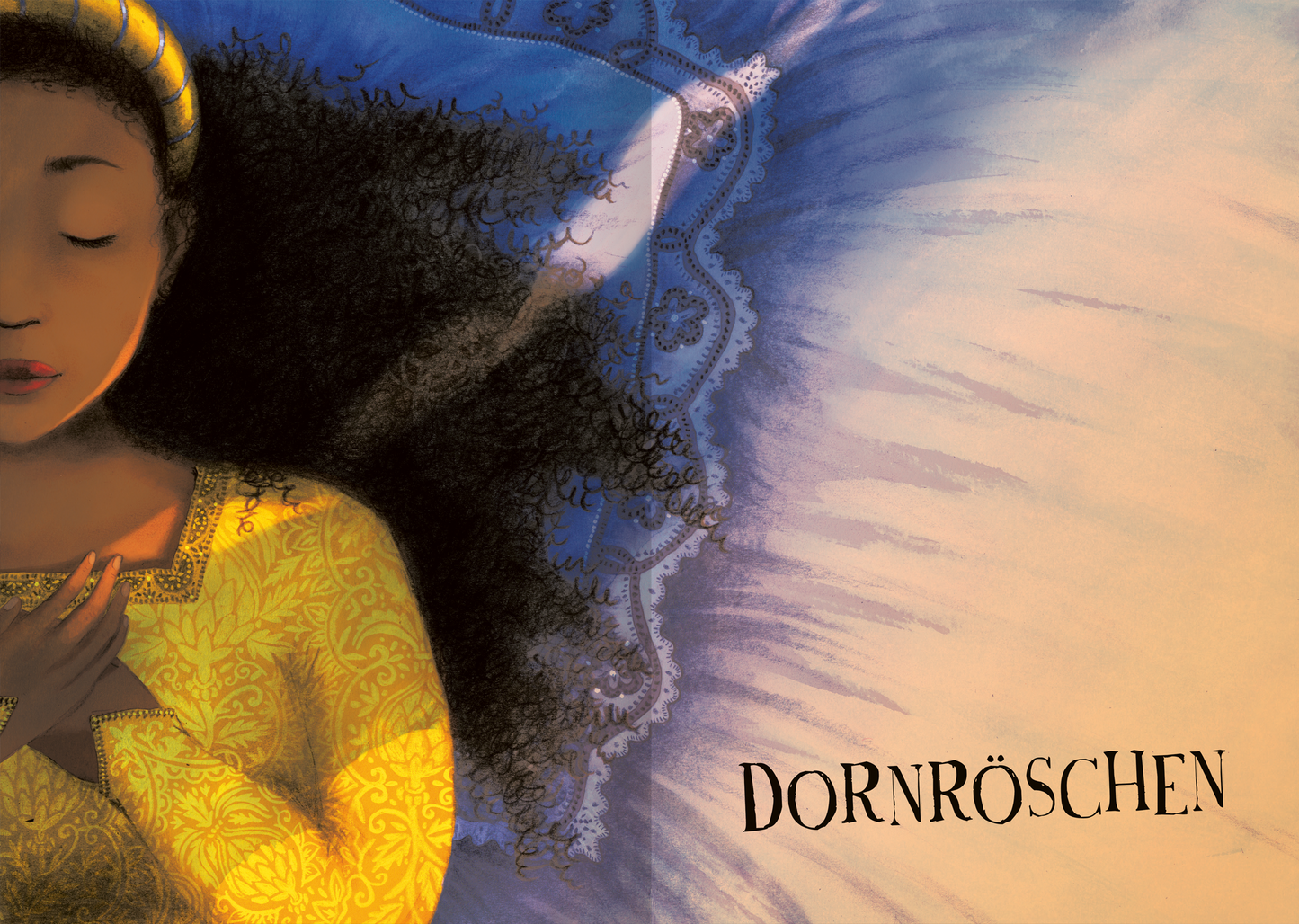 Gezeigt wird eine Innen- oder Zusatzansicht von „Schwanensee und andere märchenhafte Ballettgeschichten“. Die Illustration zeigt eine Frau mit dunklen, lockigen Haaren, deren Gesicht sanft im Profil angedeutet ist. Sie trägt ein leuchtend gelbes Kleid mit feinem Muster. Der Hintergrund ist in sanften Blau- und Lilatönen gehalten und hebt die zentrale Figur hervor. Die Schrift „DORNRÖSCHEN“ ist in einer künstlerischen, verspielten Typografie gestaltet, die das märchenhafte Thema...