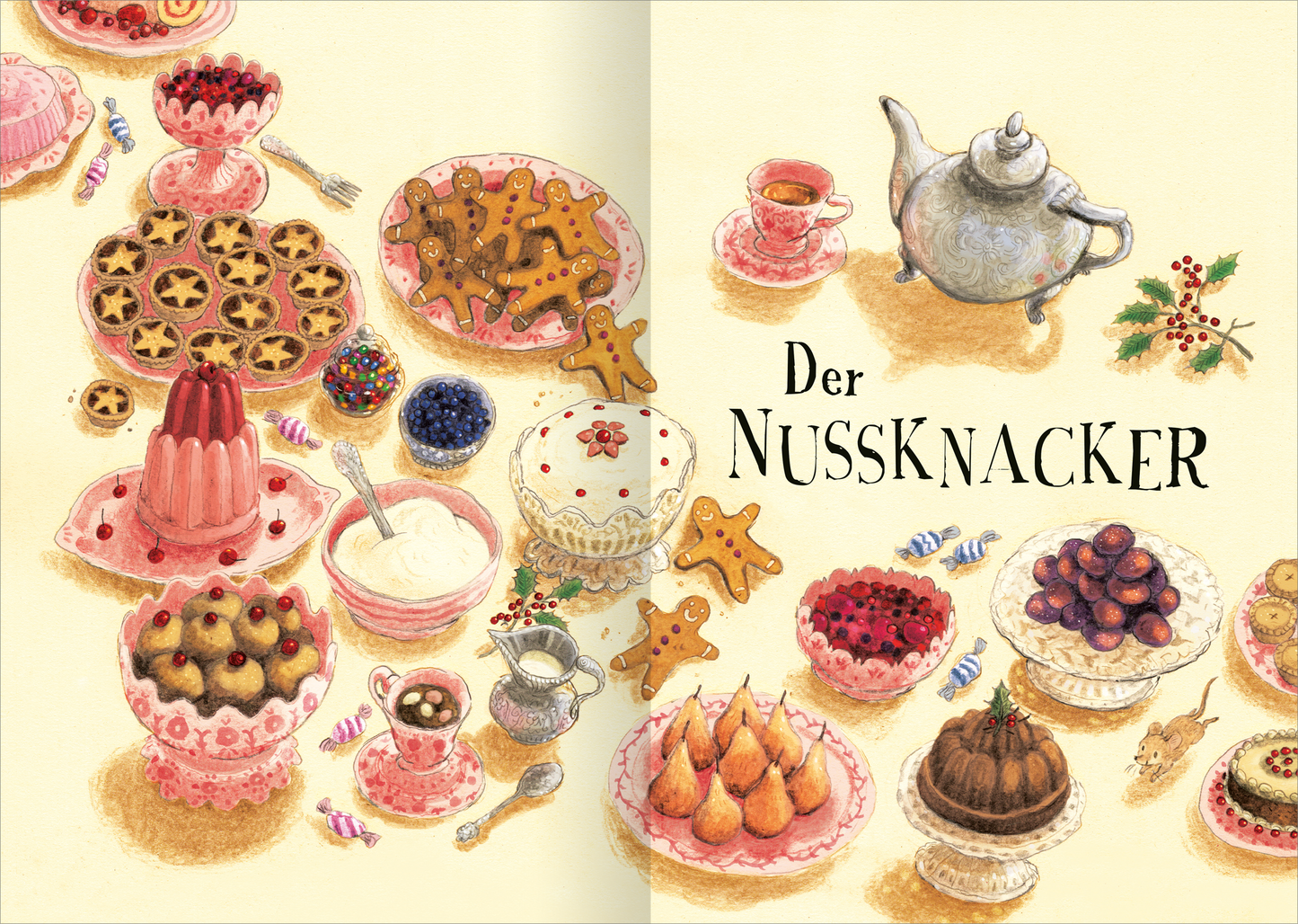 Gezeigt wird eine Innen- oder Zusatzansicht von „Schwanensee und andere märchenhafte Ballettgeschichten“. Die Illustration präsentiert eine üppige Tischdecke, bedeckt mit einer Vielzahl von festlichen Leckereien. Farbenfrohe Plätzchen in verschiedenen Formen, darunter Sterne und Herzen, sind in eleganten Gläsern und auf Porzellantellern angerichtet. Eine Teekanne und eine kleine Tasse ergänzen das Arrangement. Die Schriftart des Titels „Der Nussknacker“ ist verspielt und...