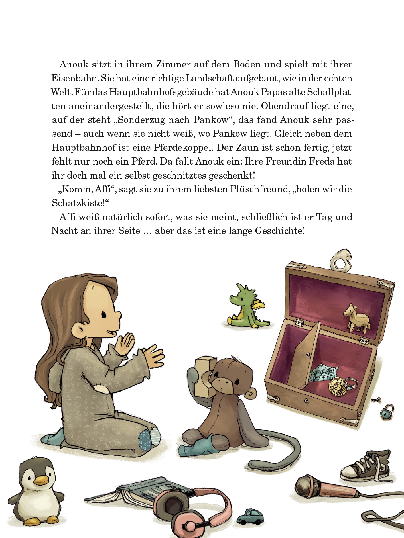 Gezeigt wird eine Innen- oder Zusatzansicht von „Anouk, dein nächstes Abenteuer ruft!“. Die Illustration zeigt Anouk, ein Mädchen mit langen braunen Haaren, das sitzend auf dem Boden spielt. Um sie herum sind Spielzeuge und Kuscheltiere wie ein Affe und ein Pinguin zu sehen. Der Hintergrund ist in hellen, Farben gehalten. Rechts daneben ist eine Schatztruhe abgebildet. Darüber steht der Text.