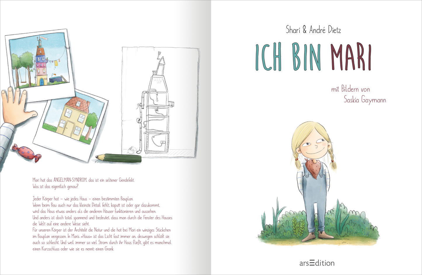 Gezeigt wird eine Innen- oder Zusatzansicht von „Ich bin MARI“. Die Seite zeigt ein Mädchen mit geflochtenen, blonden Zöpfen und einer blauen Latzhose. Auf der linken Seite sind bunte Illustrationen von drei verschiedenen Häusern und einem Bleistift und Bonbon zu sehen. Die Schrift ist klar und freundlich gestaltet, wobei „ICH BIN MARI“ in großen, akzentuierten Buchstaben in einer sanften grünen Farbe hervorgehoben ist. Der Hintergrund ist schlicht und hell.