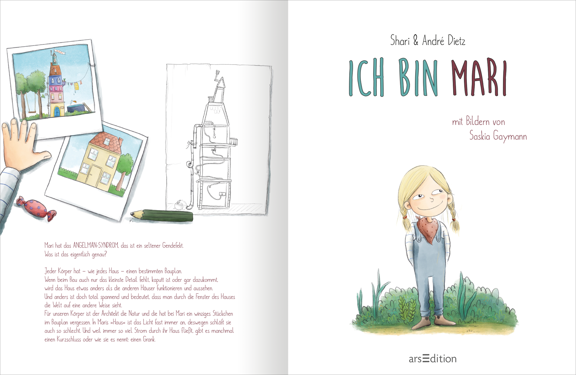 Gezeigt wird eine Innen- oder Zusatzansicht von „Ich bin MARI“. Die Seite zeigt ein Mädchen mit geflochtenen, blonden Zöpfen und einer blauen Latzhose. Auf der linken Seite sind bunte Illustrationen von  drei verschiedenen Häusern und einem Bleistift und Bonbon zu sehen. Die Schrift ist klar und freundlich gestaltet, wobei „ICH BIN MARI“ in großen, akzentuierten Buchstaben in einer sanften grünen Farbe hervorgehoben ist. Der Hintergrund ist schlicht und hell.