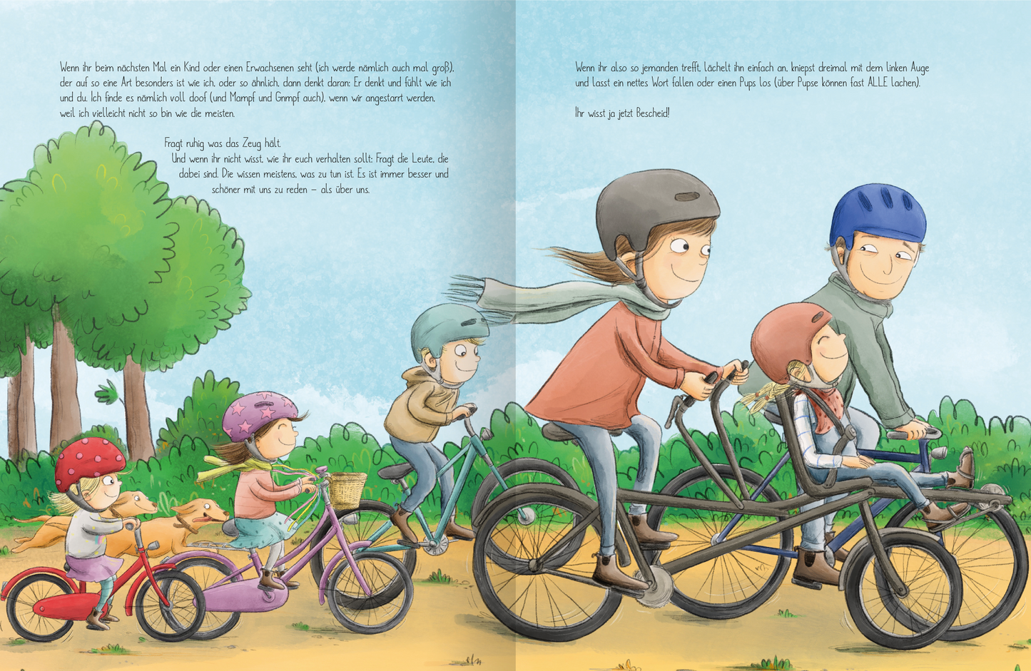 Gezeigt wird eine Innen- oder Zusatzansicht von „Ich bin MARI“. Die Illustration zeigt eine bunte Szene einer Familie, die fröhlich auf Fahrrädern fährt. Die Kinder tragen bunte Helme in Rot,Blau und Lila, während eine sanfte Brise durch ihre Haare weht. Mamas Fahrrad ist ein Lastenrad mit einem Kindersitz vorne, in dem Mari mitfährt. Papa radelt daneben. Der Hintergrund ist in lebendigen Farben gehalten, mit grünen Bäumen und einem hellen Himmel. Die Typografie ist verspielt und...