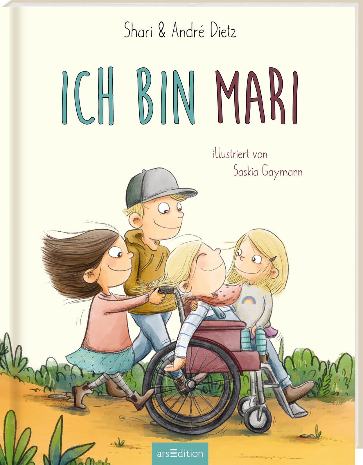 Buchcover „Ich bin Mari“: Ein Mädchen im Rollstuhl, begleitet von drei Kindern, in fröhlicher Szene.