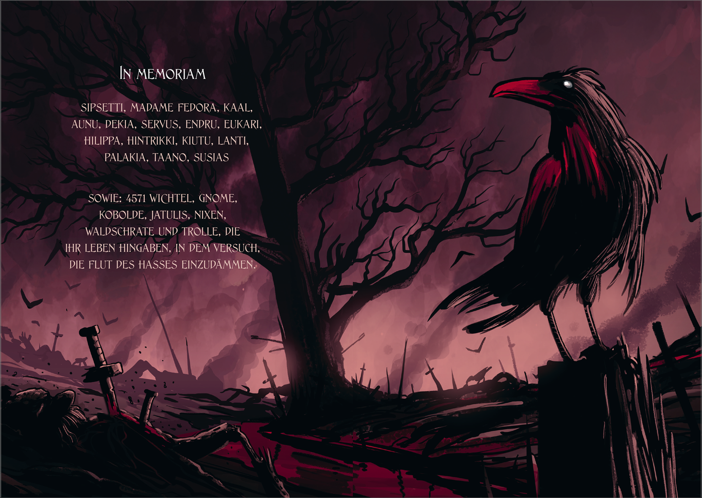 Gezeigt wird eine Innen- oder Zusatzansicht von „Schatten – Die Macht des Lichts“. Die Illustration zeigt einen schwarzen Raben, der auf einem verwitterten Holzpfahl sitzt, umgeben von einer düsteren, rot-violetten Farbpalette. Im Hintergrund sind schattenhafte Baumsilhouetten und zerstörte Grabsteine sichtbar. Der Text „IN MEMORIAM“ ist in markanter, serifenloser Typografie angeordnet, während darunter eine Liste von Namen in geschwungener Schrift erscheint, die an das Thema des...