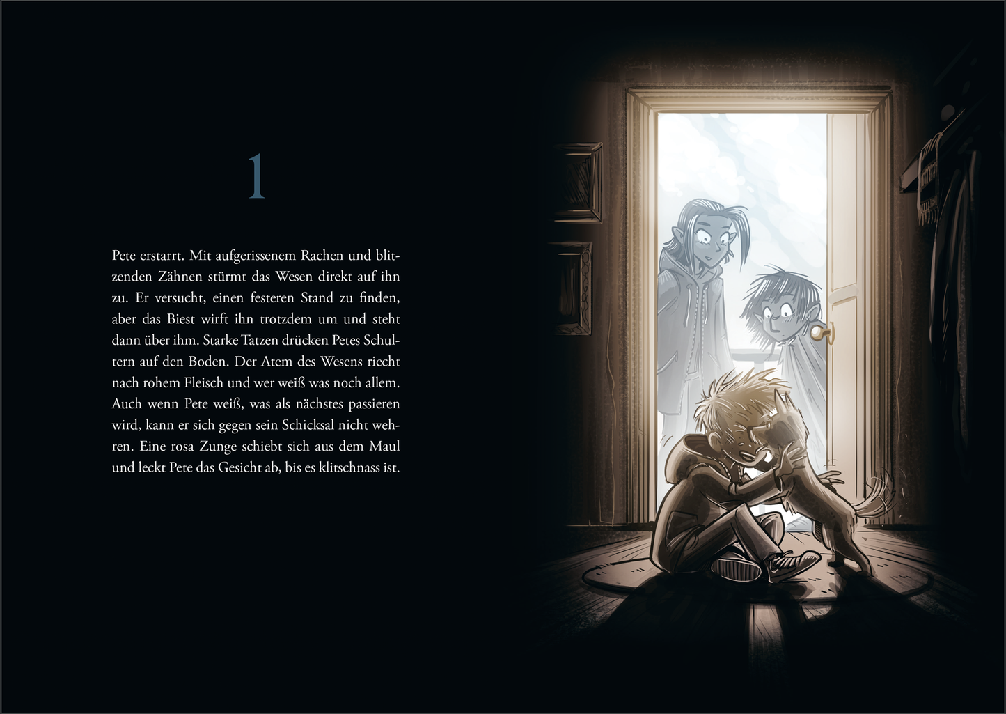 Gezeigt wird eine Innen- oder Zusatzansicht von „Schatten – Die Macht des Lichts“. Die Seite zeigt eine düstere Szene, in der ein Junge ängstlich auf dem Boden sitzt, umgeben von Schatten. Im Hintergrund ist eine geöffnete Tür zu sehen, die Licht hineinlässt und zwei schemenhafte Gestalten zeigt. Die Farbpalette ist vorwiegend dunkel mit hellen Lichtakzenten. Die Typografie ist klar und markant, die Kapitelnummer steht groß und auffällig in Blau.