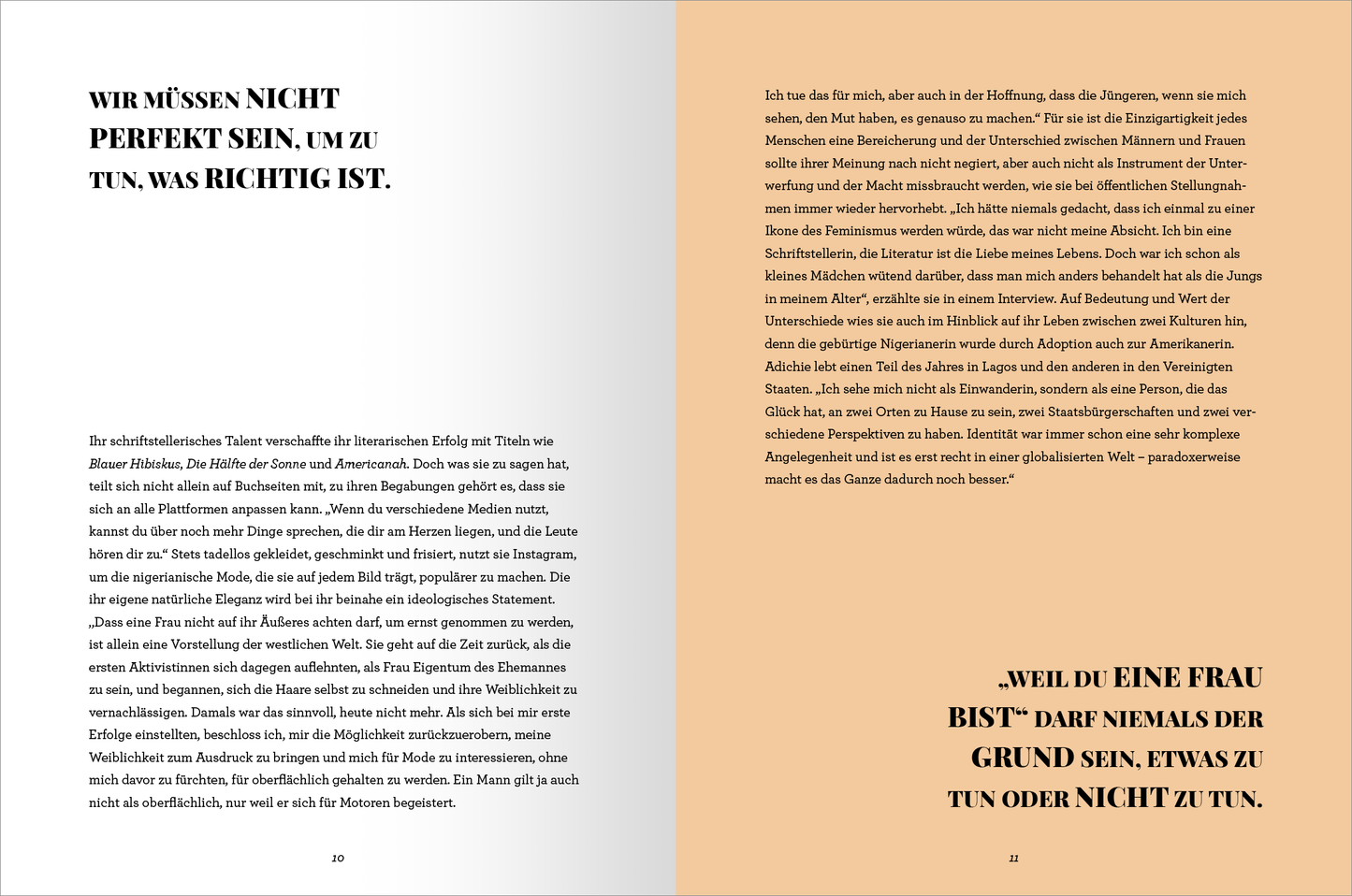 Gezeigt wird eine Innenansicht von „WOMEN“. Die linke Seite präsentiert einen weißen Hintergrund mit schwarzer Typografie, die eine klare, moderne Schriftart verwendet. Der Text beginnt mit „WIR MÜSSEN NICHT PERFEKT SEIN, UM ZU TUN, WAS RICHTIG IST.“ Die rechte Seite hat einen warmen, orangefarbenen Hintergrund mit einer großen, fetten Schrift in Schwarz, die den Satz „WEIL DU EINE FRAU BIST, DARF NIEMALS DER GRUND SEIN, ETWAS ZU TUN ODER NICHT ZU TUN.“ enthält.