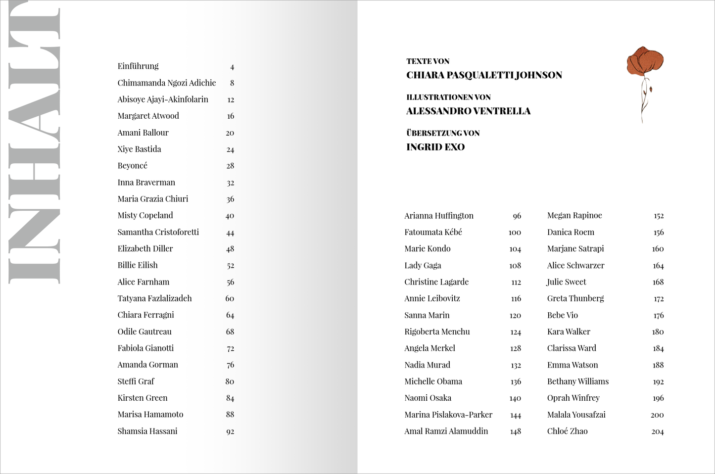 Gezeigt wird eine Innenansicht von „WOMEN“. Die Seite präsentiert eine klare Inhaltsübersicht mit großen, gut lesbaren Schriftarten. Links ist der Titel „INHALT“ in auffälligem Grau platziert, während die restlichen Texte in schwarzer Schrift auf weißem Hintergrund angeordnet sind. Diverse Namen und Seitenzahlen sind aufgelistet, ergänzt durch eine zarte Illustration eines Mohnblumenmotivs rechts oben, welches einen sanften Farbtupfer hinzufügt.