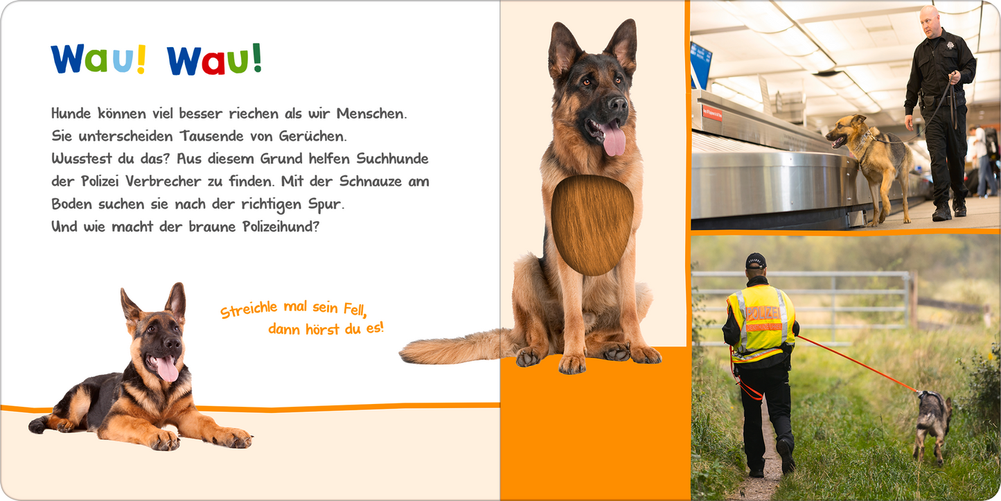 Gezeigt wird eine Innen- oder Zusatzansicht von „Hör mal rein, wer kann das sein? – Bei der Polizei“. Die Seite zeigt eine freundliche Gestaltung mit einem bunten Farbschema, dominierend in Orange und Blau. Der Text auf der linken Seite beginnt mit „Wau! Wau!“, umgeben von spielerischen Schriftarten. Neben dem Text sind abgebildete Tiere, insbesondere ein deutscher Schäferhund. Auf der rechten Seite sind Bilder eines Polizisten mit Hund, die die interaktive Lernumgebung ergänzen.