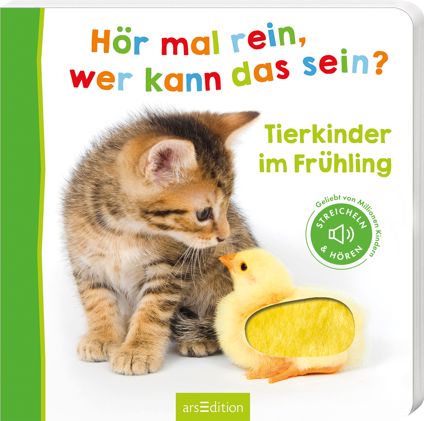 Das Buchcover zeigt eine niedliche Katze, die neugierig ein gelbes Küken ansieht. Der Hintergrund ist hell und freundlich gestaltet, mit einer kräftig grünen vertikalen Leiste auf der linken Seite. Der Titel „Hör mal rein, wer kann das sein?“ ist in bunten, verspielten Buchstaben platziert, während darunter die Schrift „Tierkinder im Frühling“ in lebhaftem Grün erscheint. Ein Hinweis „Geliebt von Millionen Kindern“ sowie ein Button „STREICHELN & HÖREN“ sind ebenfalls...