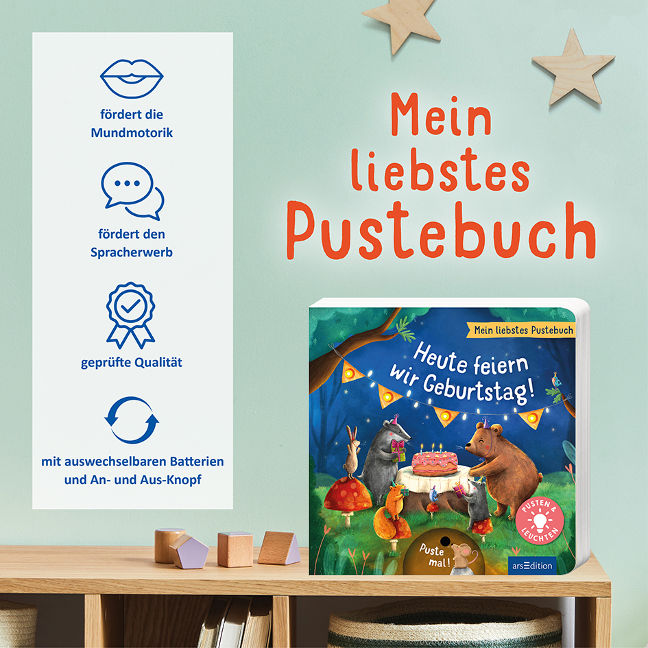 Gezeigt wird eine Innen- oder Zusatzansicht von „Mein liebstes Pustebuch – Heute feiern wir Geburtstag!“. Die Abbildung zeigt ein buntes Cover mit fröhlichen Tieren, die um eine Geburtstagstorte versammelt sind. Der Hintergrund ist in lebhaften Farben mit einem Waldthema gestaltet. Der Titel ist in kreativem, roten Schriftzug hervorgehoben. Links befinden sich informative Icons, die die Lernziele des Buches darstellen, in einem klaren, blauen Design.