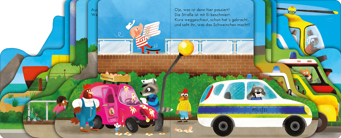 Gezeigt wird eine Innen- oder Zusatzansicht von „Auf zum Einsatz!“. Die Illustration zeigt eine bunte, lebendige Szene mit mehreren tierischen Charakteren. Ein Feuerwehrwagen in leuchtendem Rot und ein Polizeiwagen in Weiß mit blauen Streifen stehen im Vordergrund. Im Hintergrund sieht man eine Spielplatzsituation sowie ein Hubschrauber, der am Himmel schwebt. Die Schrift ist klar und kindgerecht, und die Farben sind hell und fröhlich, wodurch eine einladende Atmosphäre entsteht.