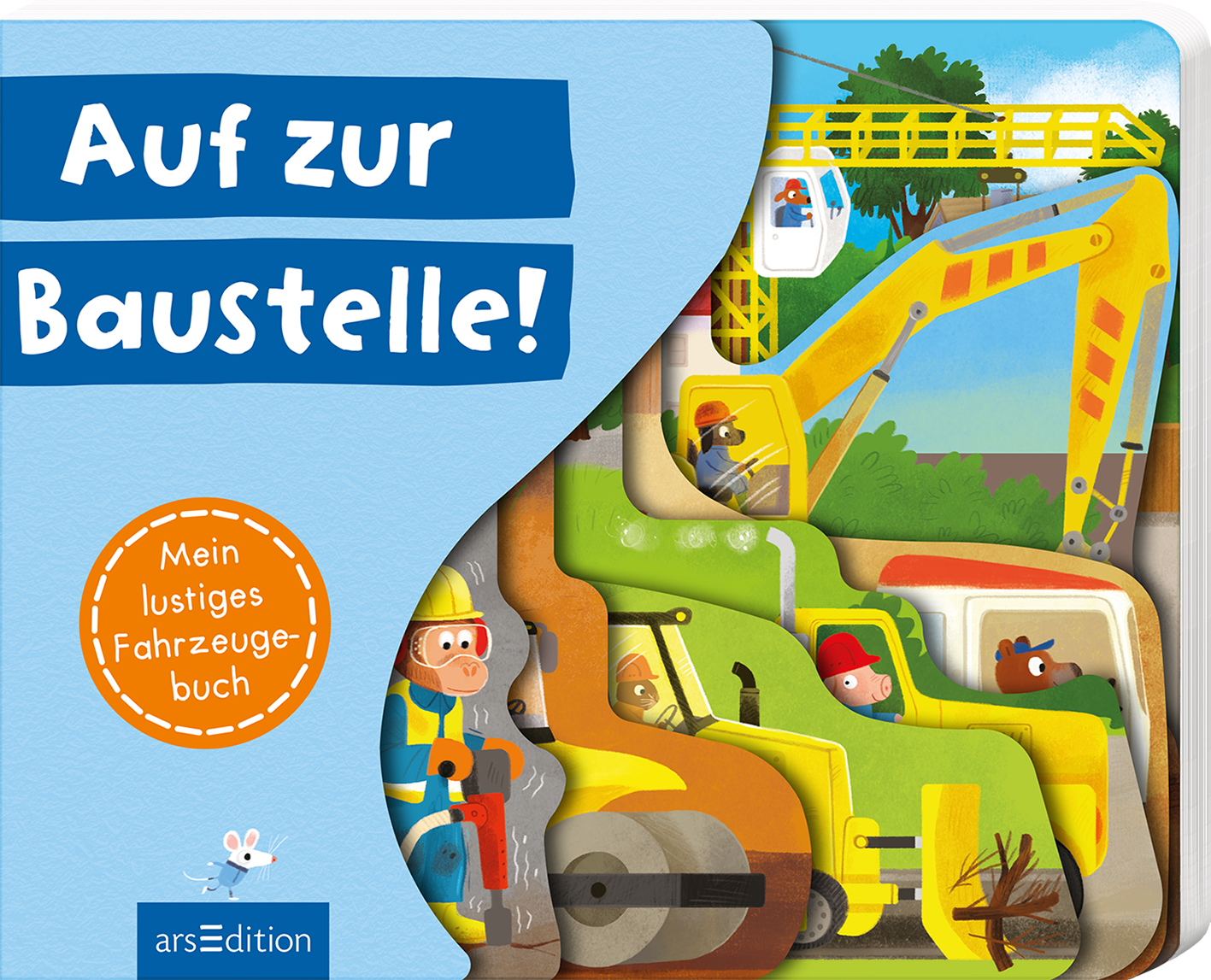Das Buchcover zeigt eine farbenfrohe Illustration einer Baustelle mit verschiedenen Baustellenfahrzeugen und arbeiteten Figuren. Der Hintergrund ist in sanften Grüntönen gehalten, während der Titel „Auf zur Baustelle!“ in großen, weißen Buchstaben auf einem blauen Feld prangt. In der unteren Ecke ist ein orangefarbener Kreis mit dem Text „Mein lustiges Fahrzeugbuch“ zu sehen. Die Atmosphäre wirkt fröhlich und einladend, ideal für Kinder. Ganz unten mittig steht der...