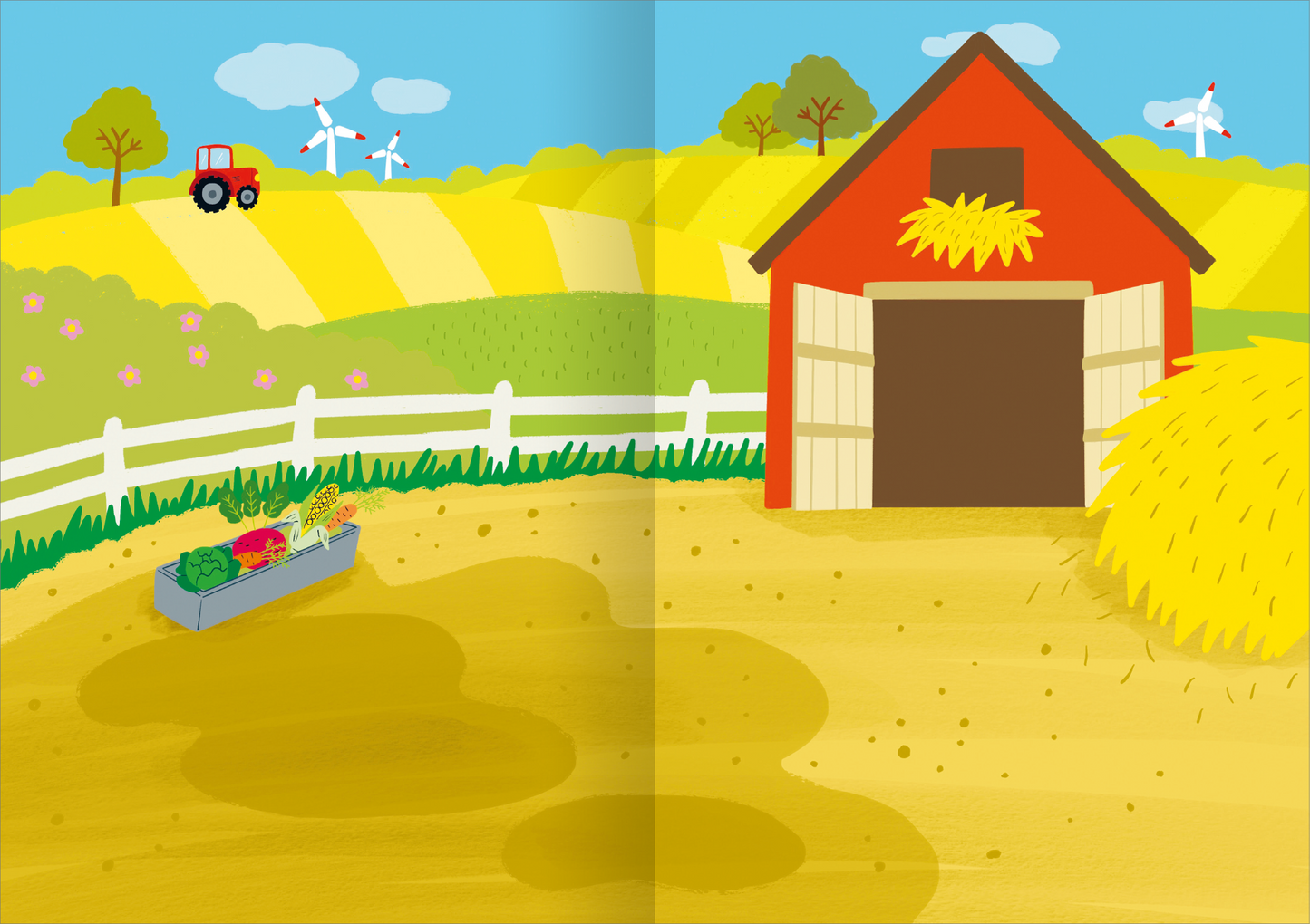 Gezeigt wird eine Innen- oder Zusatzansicht von „Meine Sticker – Bauernhoftiere“. Die Illustration zeigt eine farbenfrohe Bauernhofszene mit einem roten Stall, der eine Heuablage auf dem Dach hat. Im Vordergrund befindet sich eine grüne Wiese mit einem Gemüseregal, das eine Auswahl an buntem Gemüse zeigt. Links in der Bildmitte fährt ein roter Traktor, während im Hintergrund gelbe Felder und Windmühlen zu sehen sind. Der Himmel ist hellblau mit wenigen Wolken, was die fröhliche...