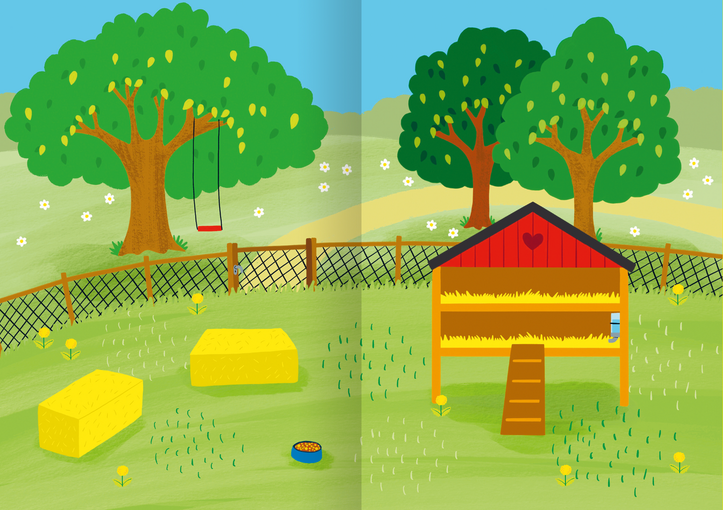 Gezeigt wird eine Innen- oder Zusatzansicht von „Meine Sticker – Bauernhoftiere“. Die Illustration zeigt eine grüne Wiese mit gelben Heuballen, einem Hundekörbchen und einem zweigeschossigen Stall in Rot und Gelb. Im Hintergrund stehen zwei große, grüne Bäume, unter einem hängt eine Schaukel. Der Himmel ist blau mit sanften, weißen Wolken, während auf der Wiese gelbe Blumen blühen. Die Farben sind lebhaft und freundlich, die Typografie ist verspielt und kinderfreundlich.