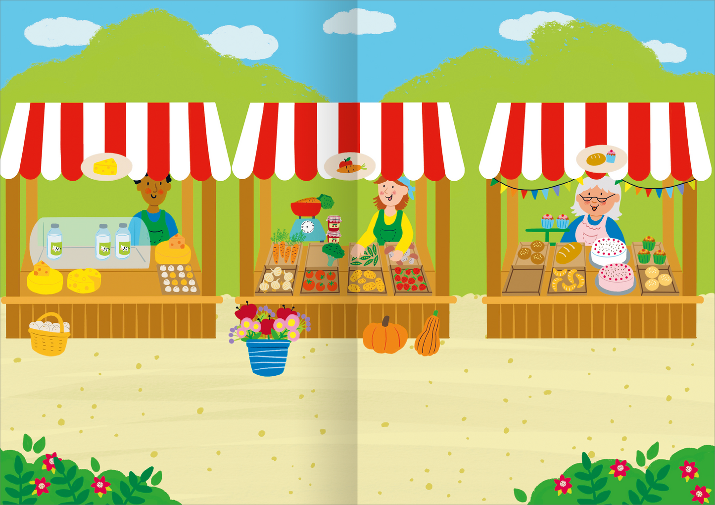 Gezeigt wird eine Innen- oder Zusatzansicht von „Meine Sticker – Bauernhoftiere“. Die Szene zeigt einen bunten Markt mit drei Ständen unter rot-weiß gestreiften Markisen. Zu sehen sind frisches Obst und Gemüse, sowie Backwaren. Verschiedene Figuren, darunter ein Tier und zwei Menschen, interagieren freundlich. Die Illustration ist in lebhaften Farben gehalten, mit einem strahlend blauen Himmel und idyllischem Grün im Hintergrund, ergänzt durch Details wie Blumen und Kürbisse.