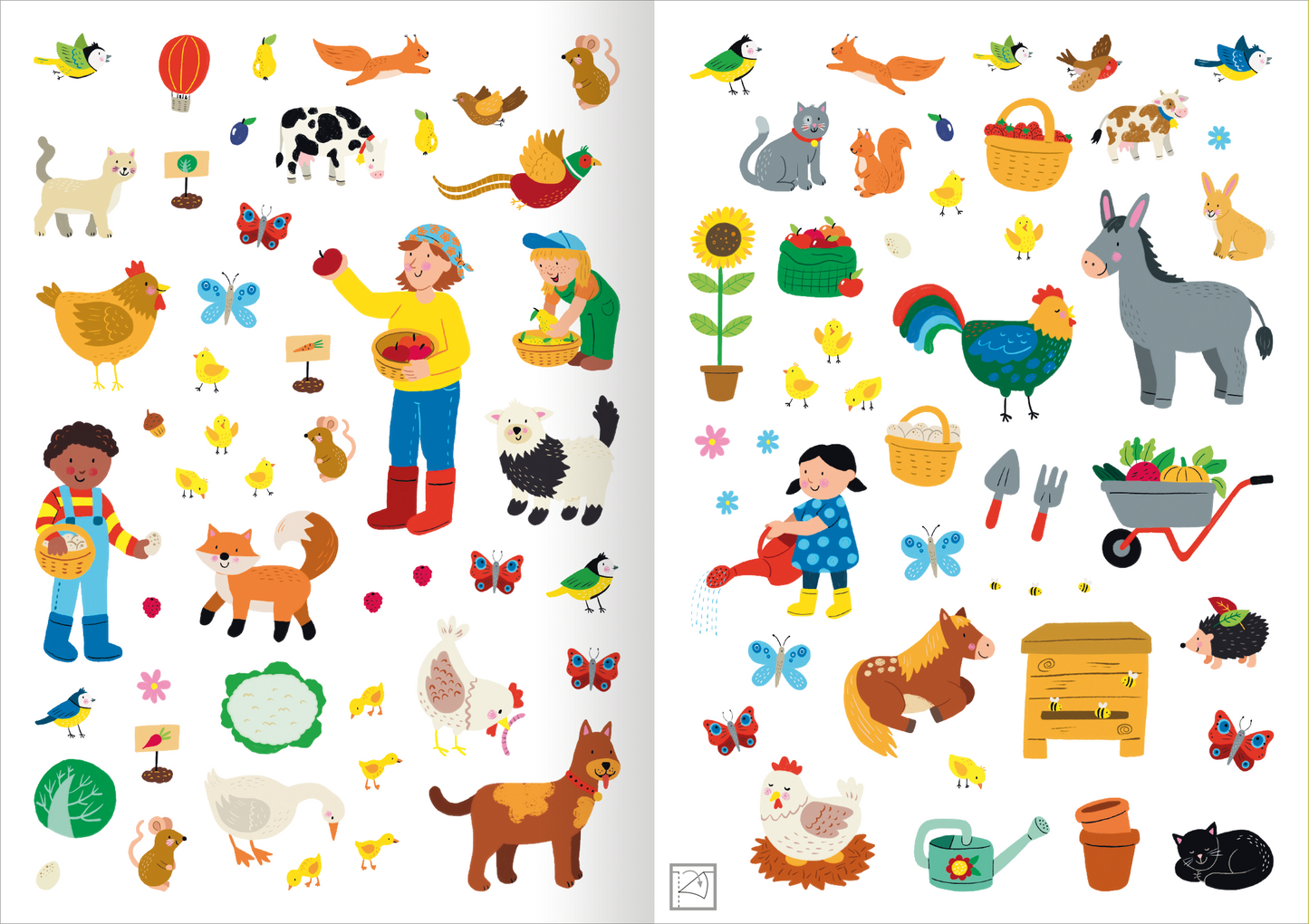 Gezeigt wird eine Innen- oder Zusatzansicht von „Meine Sticker – Bauernhoftiere“. Die Illustration zeigt eine bunte Ansammlung von Stickern, die Bauernhoftiere und Aktivitäten abbilden. Zentrale Elemente sind Kätzchen, Kühe, Hühner sowie Kinder, die mit Tieren und Pflanzen interagieren. Die Farben sind lebhaft und vielfältig, darunter Gelb, Grün, Rot und Blau. Die Typografie ist kindgerecht und einfach, wobei einige Sticker mit lustigen Symbolen und Mustern verziert sind.